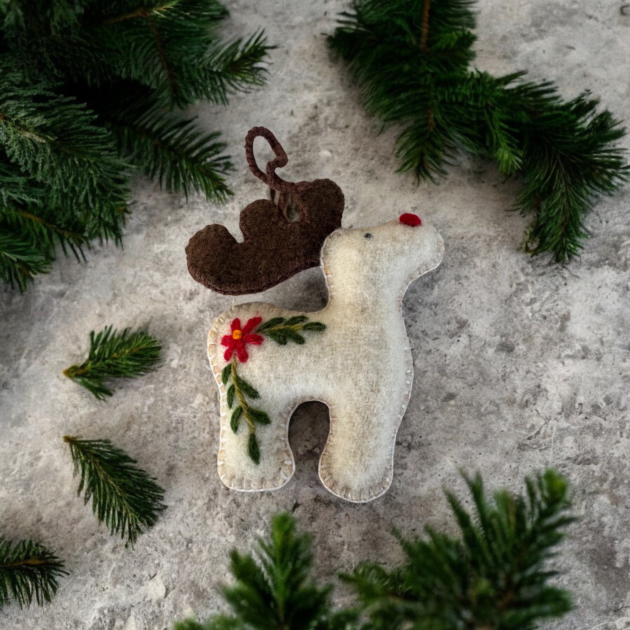 Reindeer Embroidered Wool Christmas Ornament