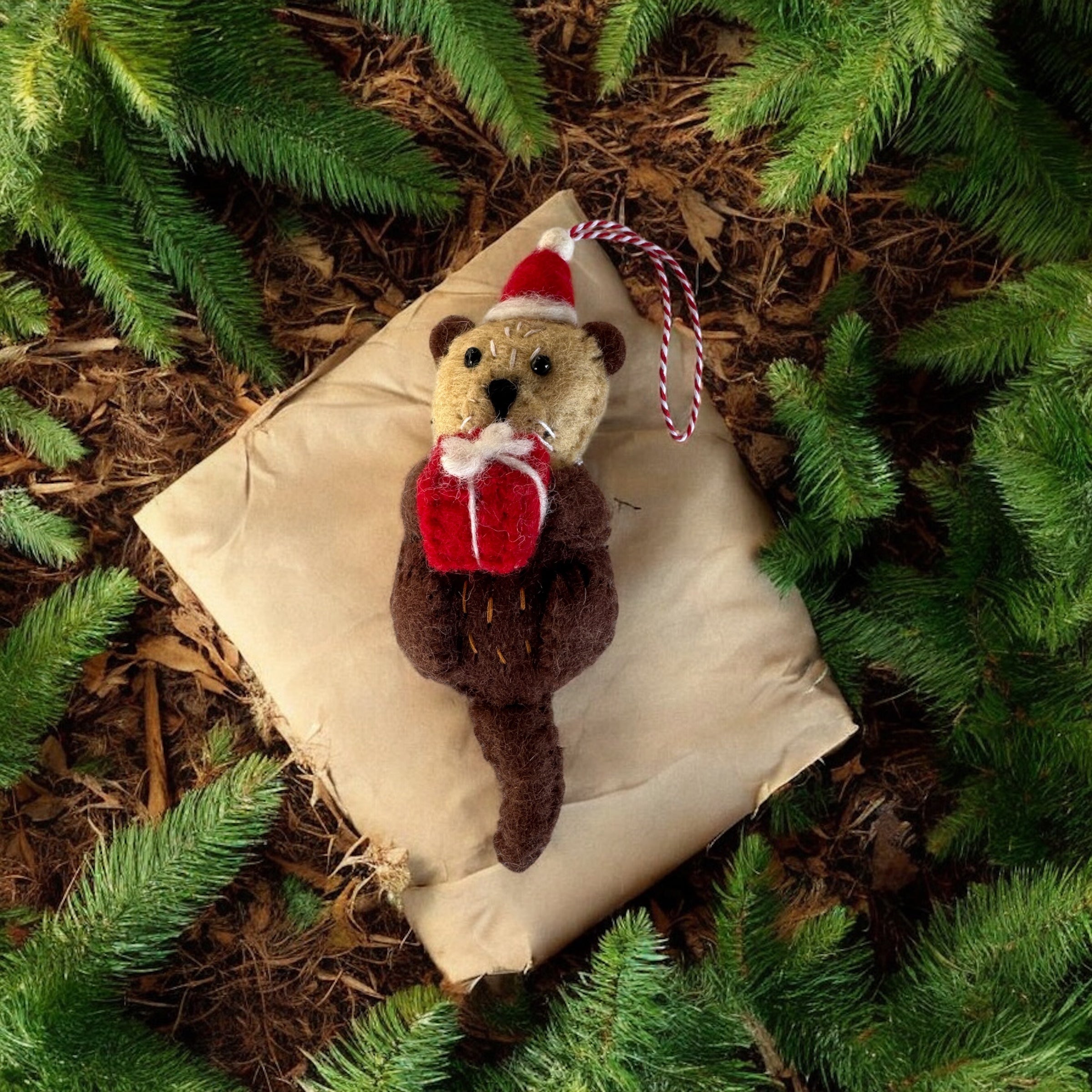 Otter with Santa Hat Felt Wool Christmas Ornament