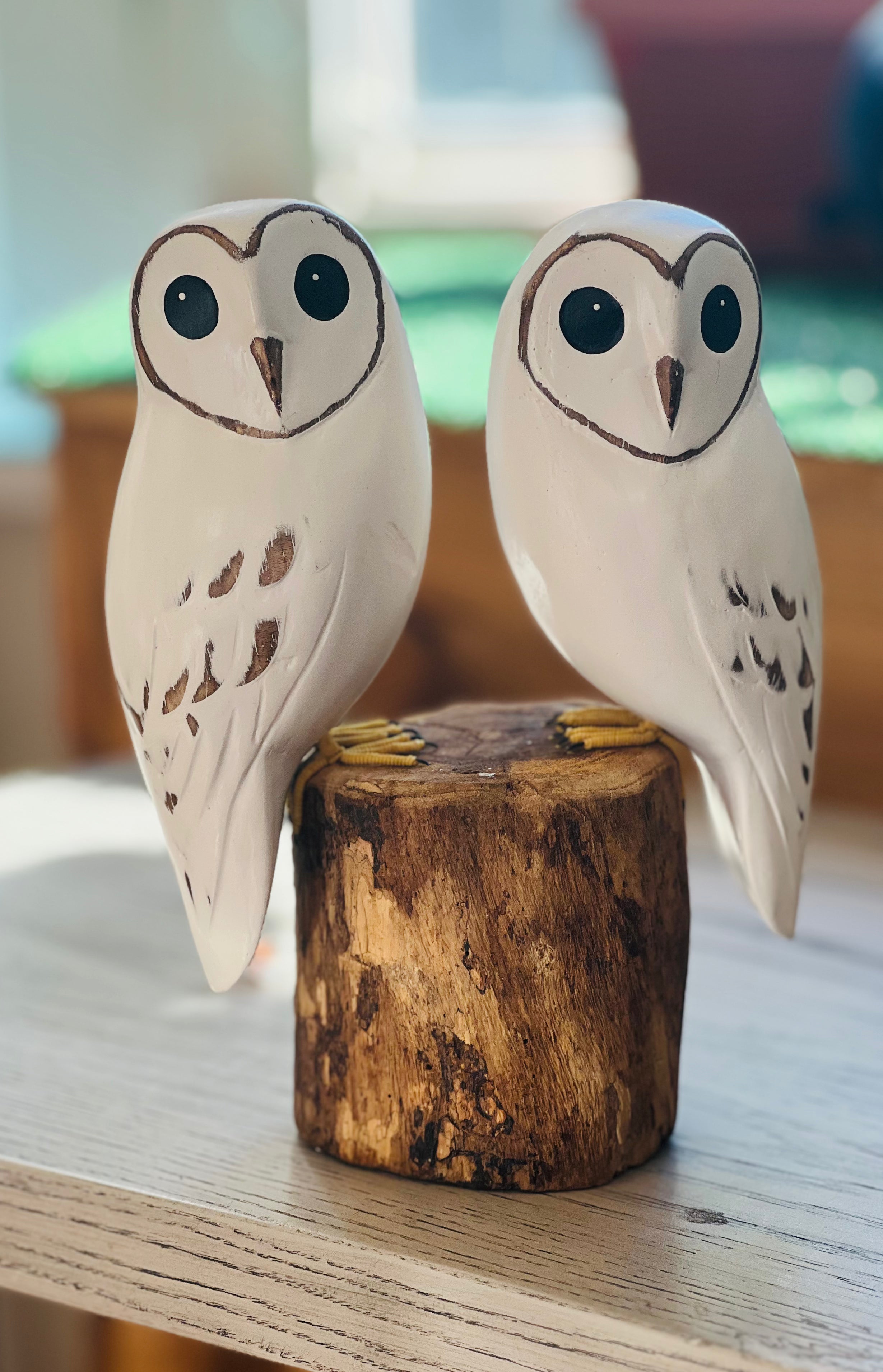 Owl - Barred - Baby Pair-13"H -Carved Wooden Ornament