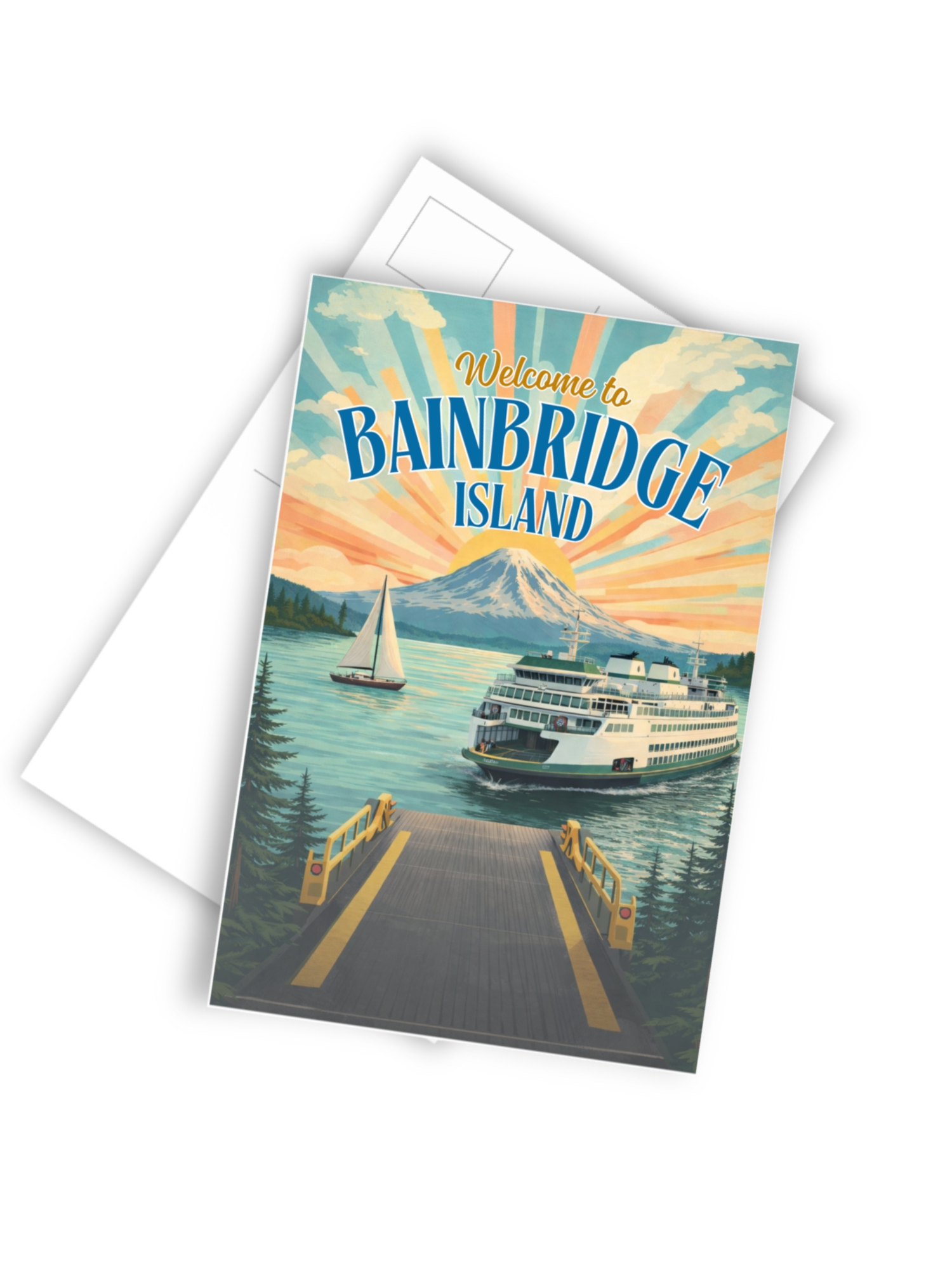 Vintage Bainbridge Ferry & Sailboat Postcard