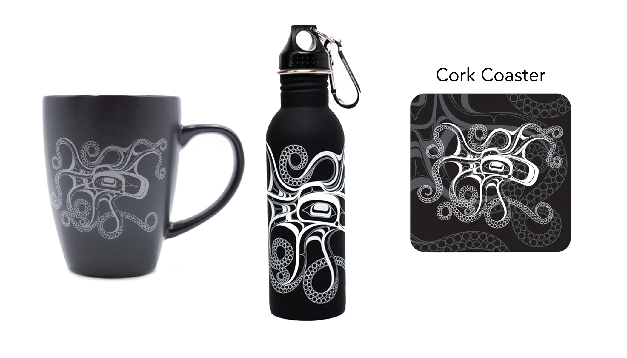 Matte Black Ceramic Mug - Octopus (Nuu) by Ernest Swanson, Haida