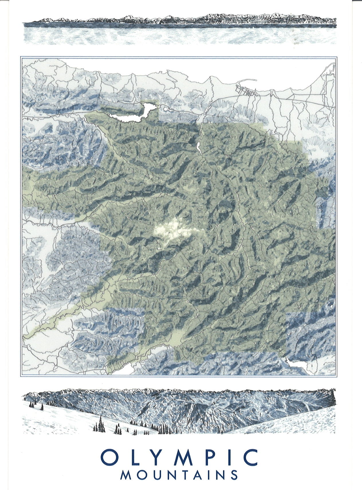 Olympic Mountains "Blueprint" Map - Standard Postcard