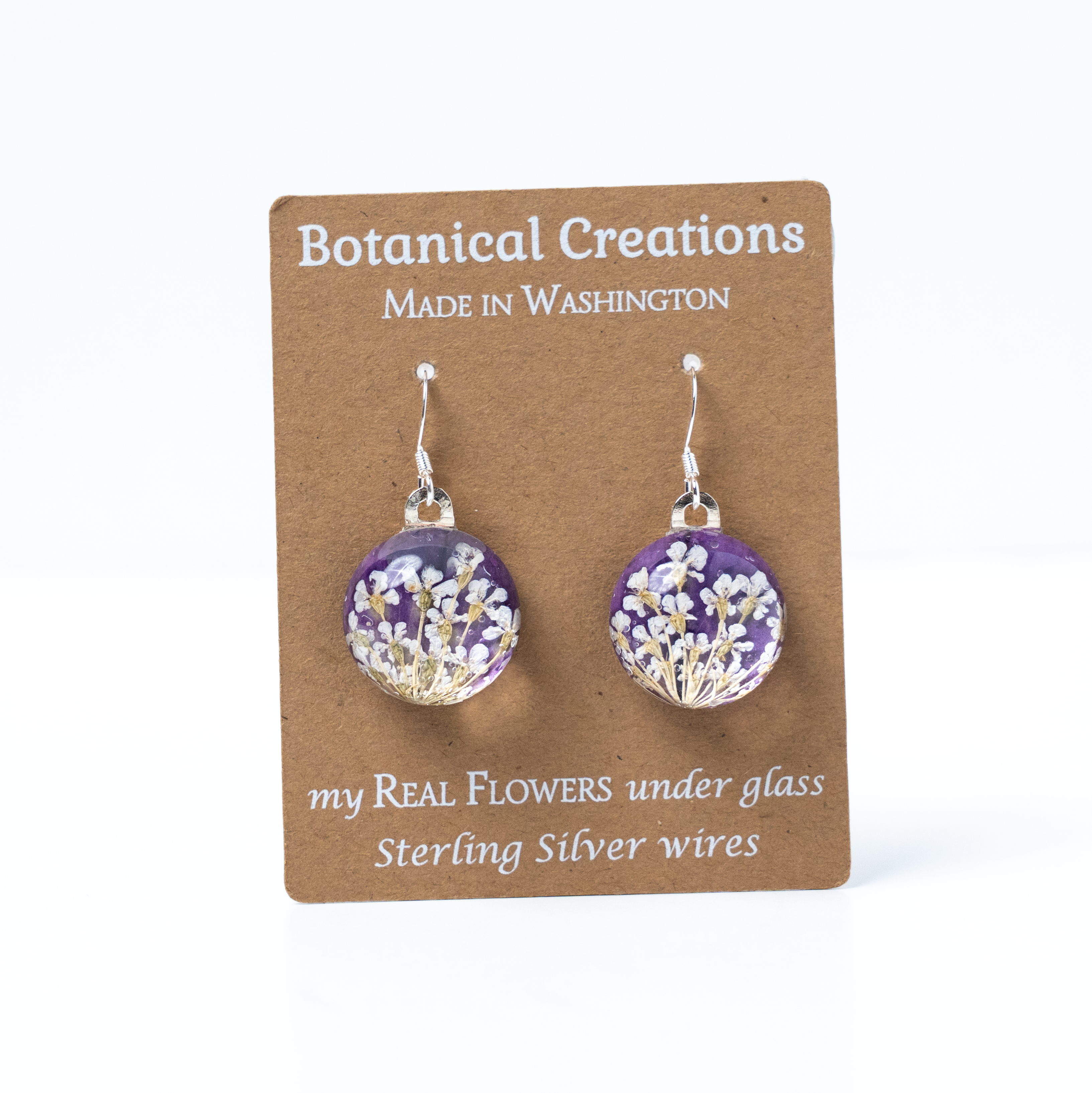 Petunia + Queen Anne's Lace Round Dangle Earrings by Botanical Creations