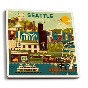 Seattle, WA Retro Skyline Ceramic Coaster