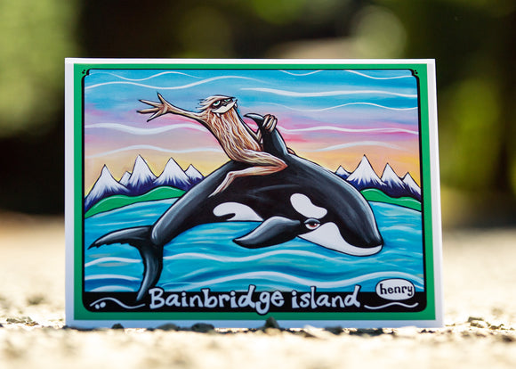 Bainbridge Island Sasquatch Riding Orca Paper Art Print