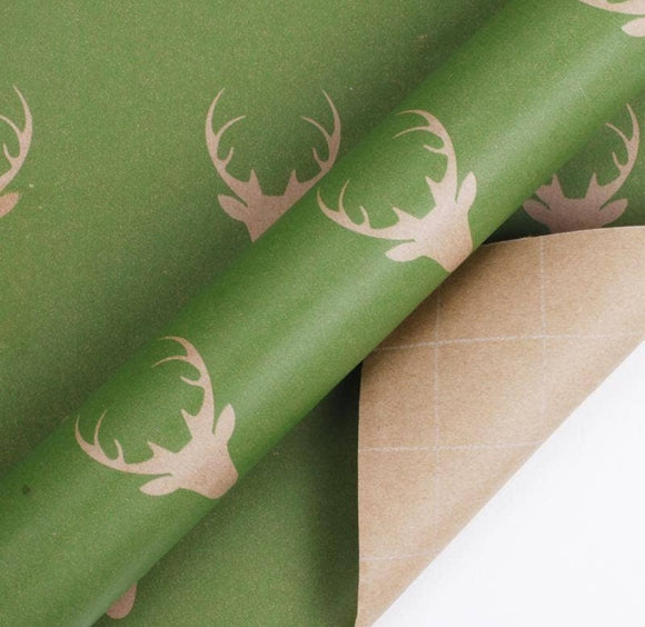 Natural Green Reindeer Stencil Kraft Wrapping Paper