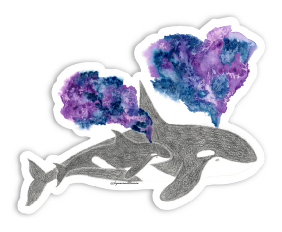 Two Orcas with Magical Spouts | Watercolour Sticker