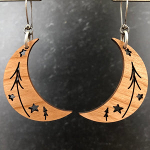 Starry Skies Tall Pines Crescent Moon Earrings