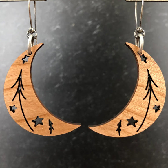 Starry Skies Tall Pines Crescent Moon Earrings