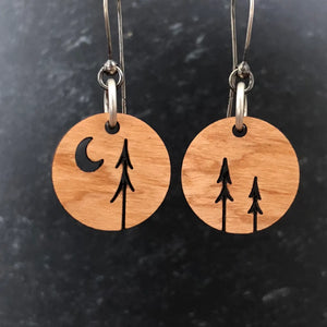 Three Pines One Moon round wood earrings