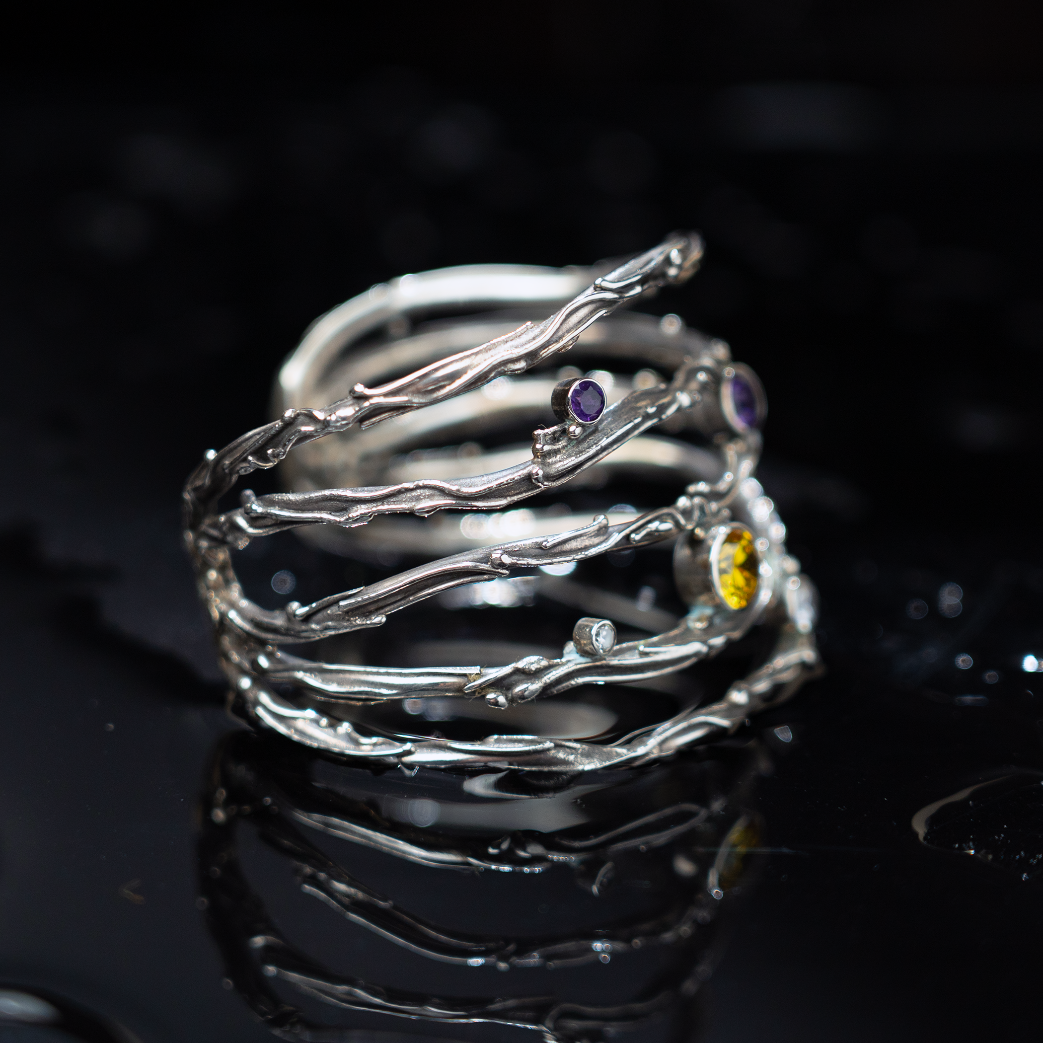 Twig Cuff with 5 Stones Fused purple clear yellow