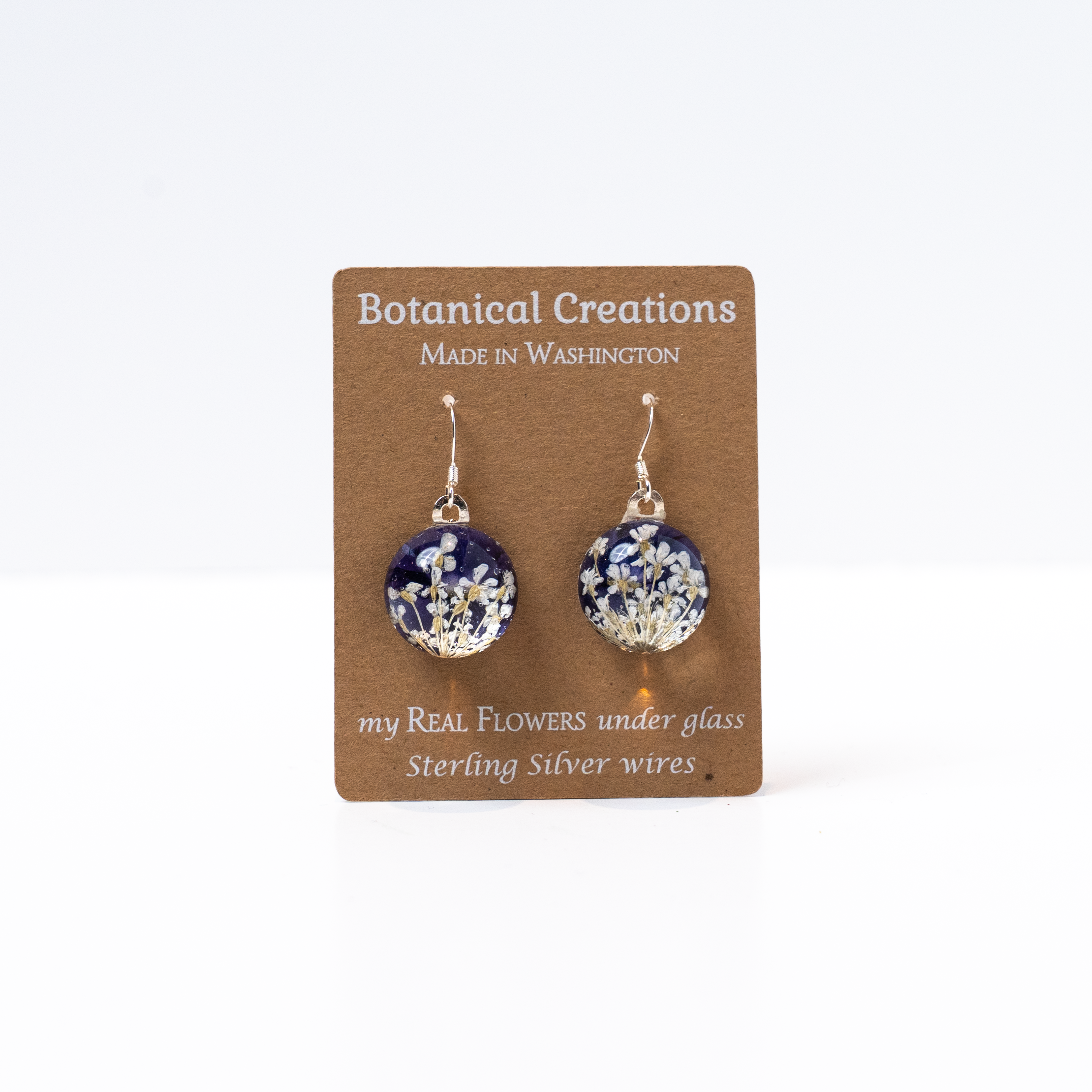 Purple Verbena + Queen Anne's Lace Round Dangle Earrings by Botanical Creations