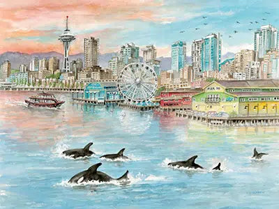 Seattle Waterfront Orcas  Greeting Card