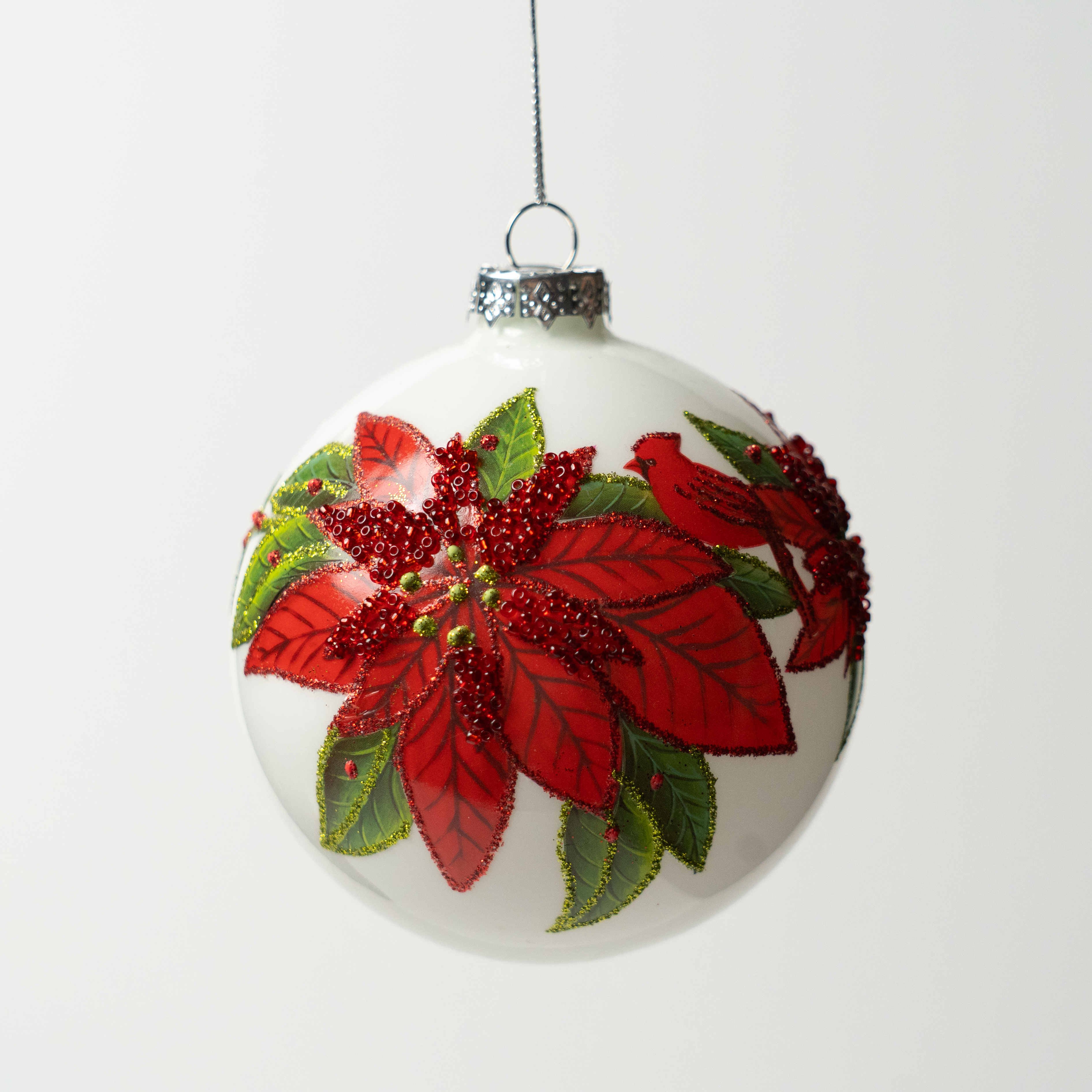 White Ball Ornament w/ Red Poinsettia Ornament