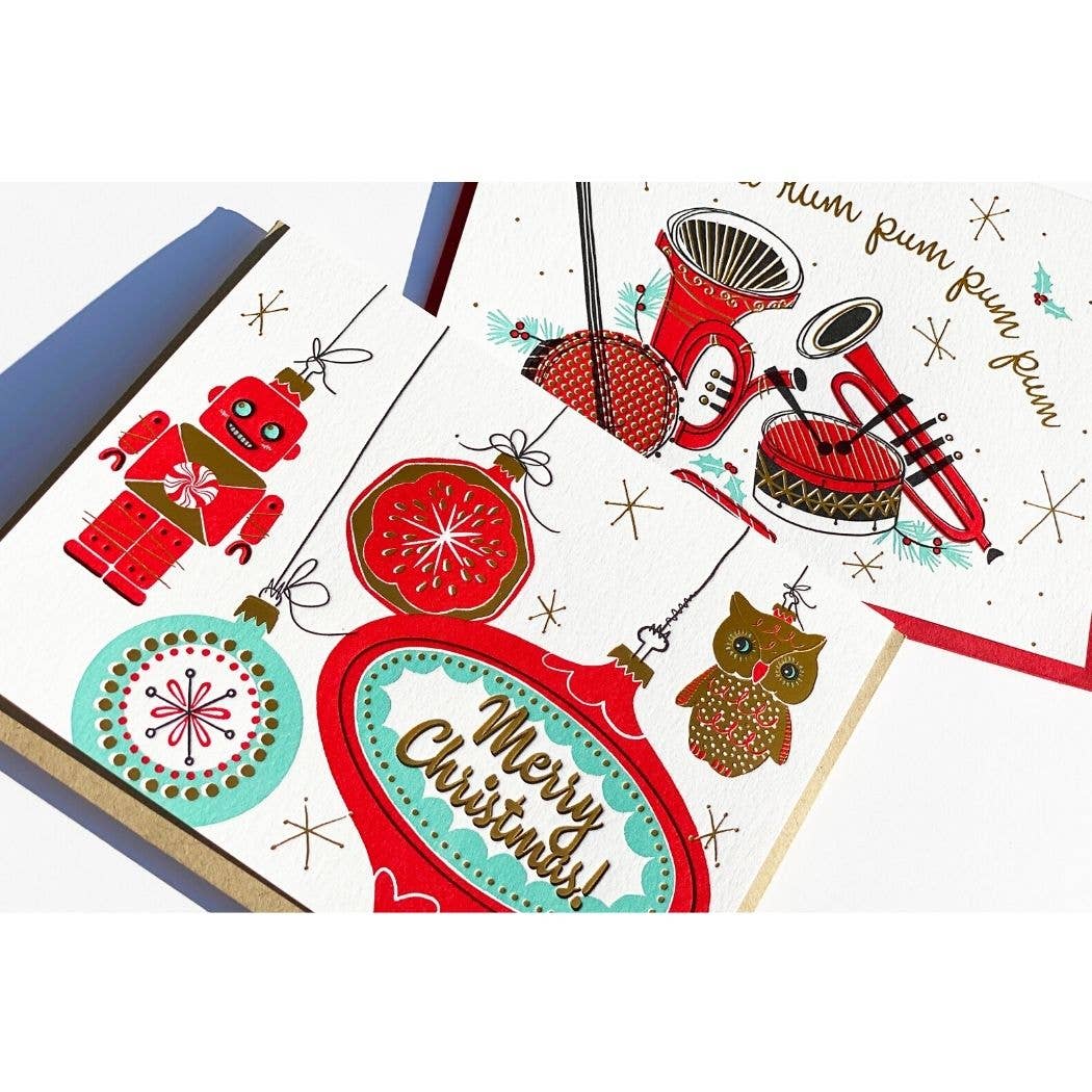 Vintage Holiday Retro Ornaments Card: Single Card