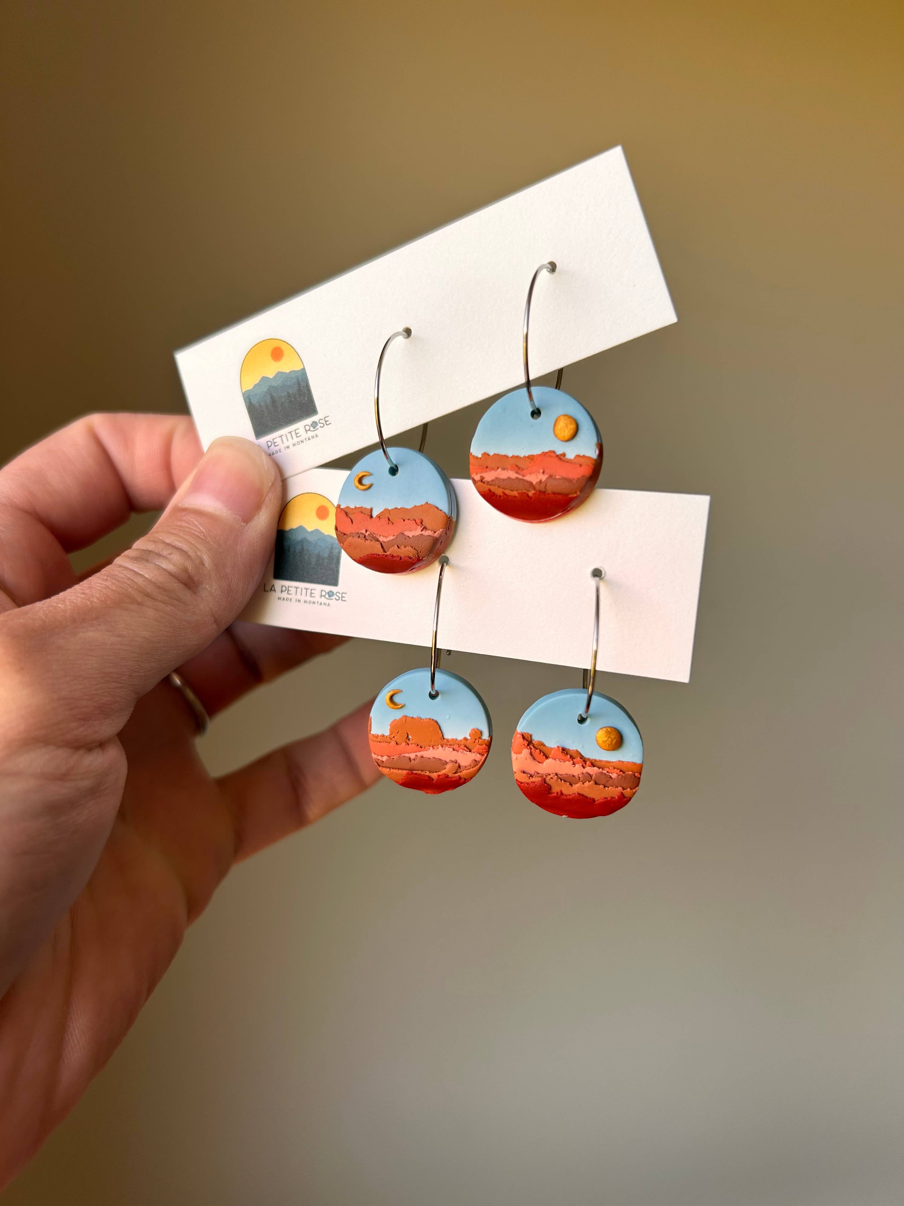 Big Sky Montana Landscape Clay Earrings, Sun Moon Hoops