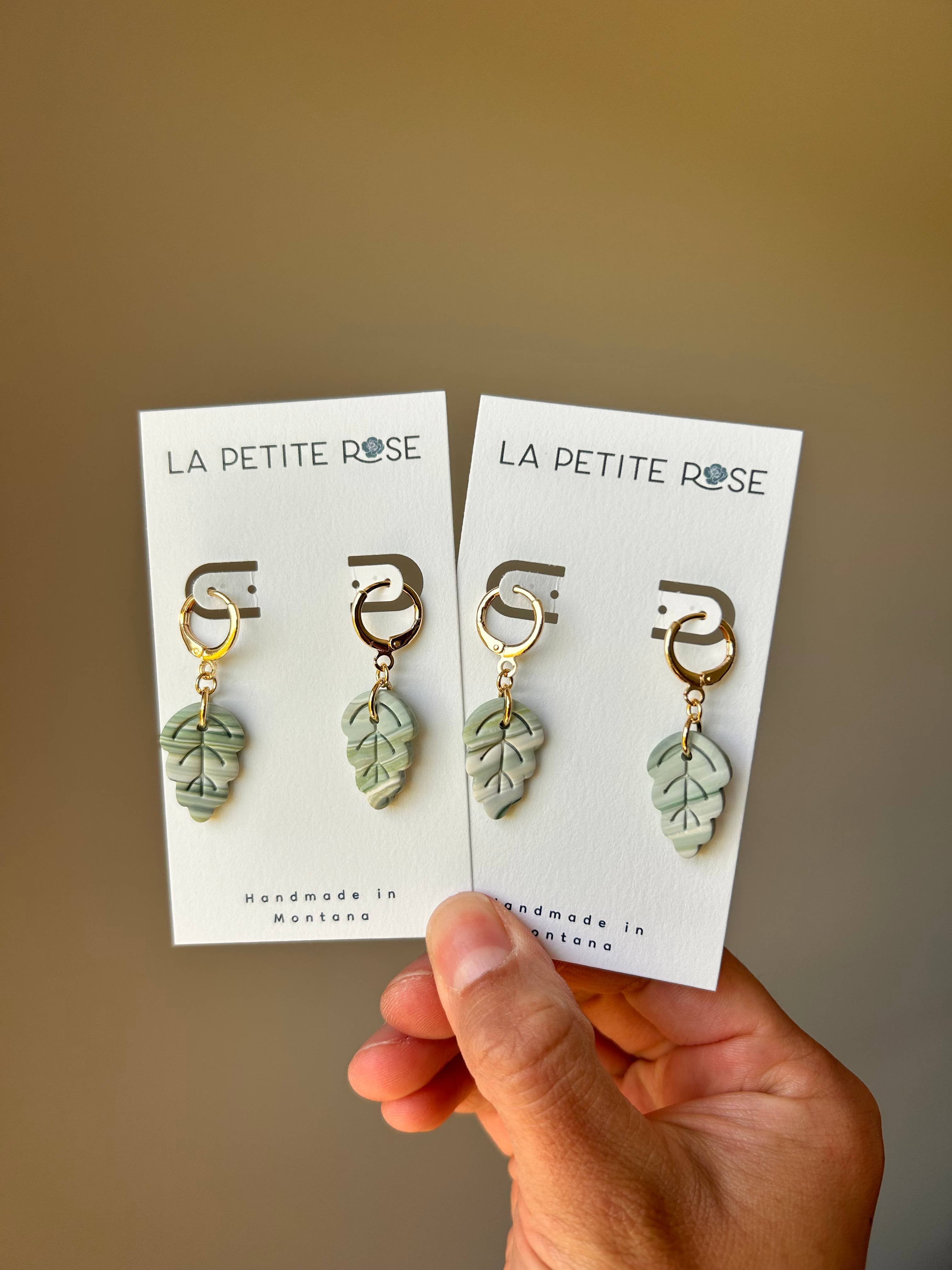 Small Green Leaf Earrings, Plant Huggie Hoop Dangles