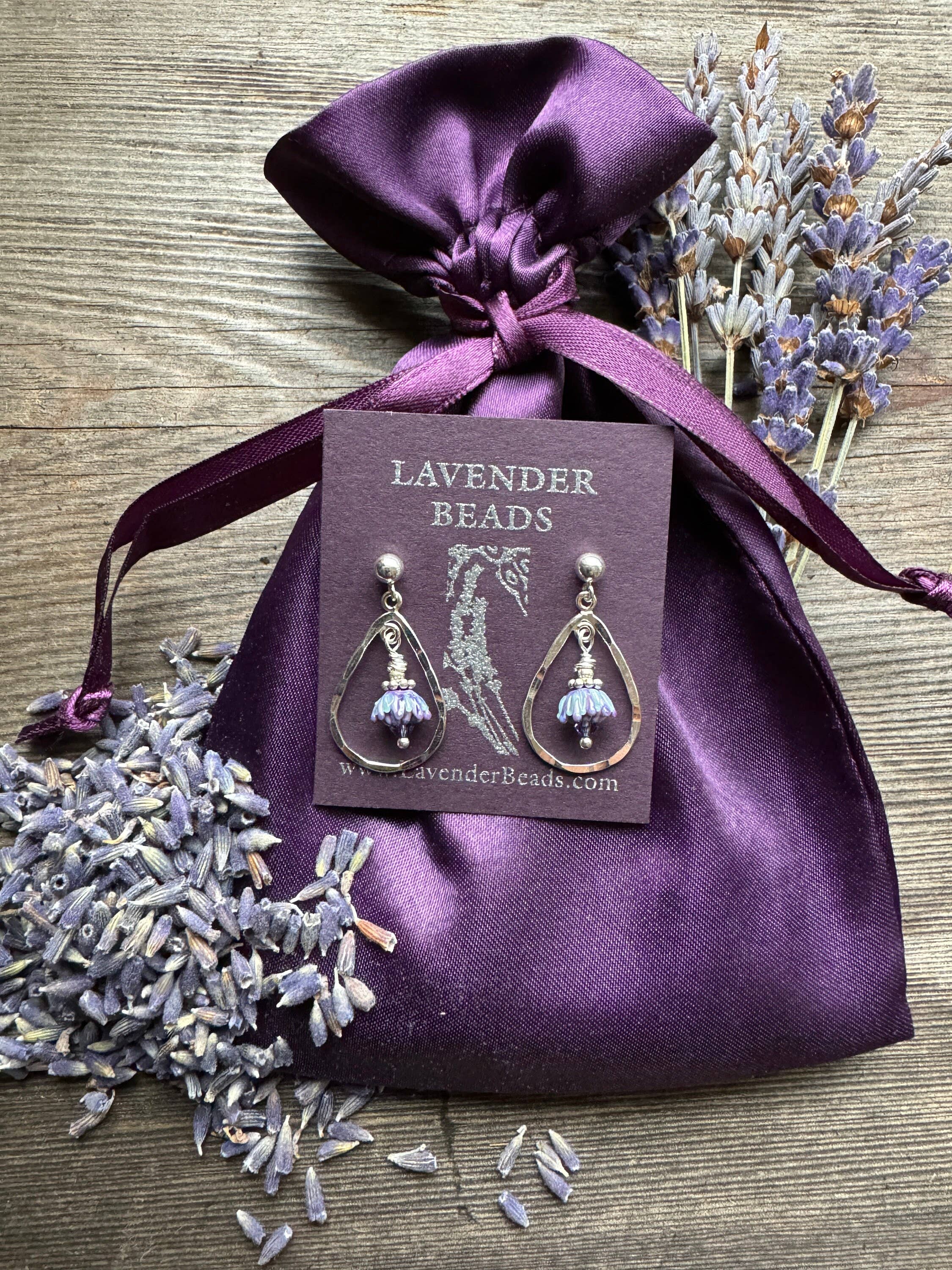 Lavender Bud Teardrops Hammered Silver Post Earrings Small