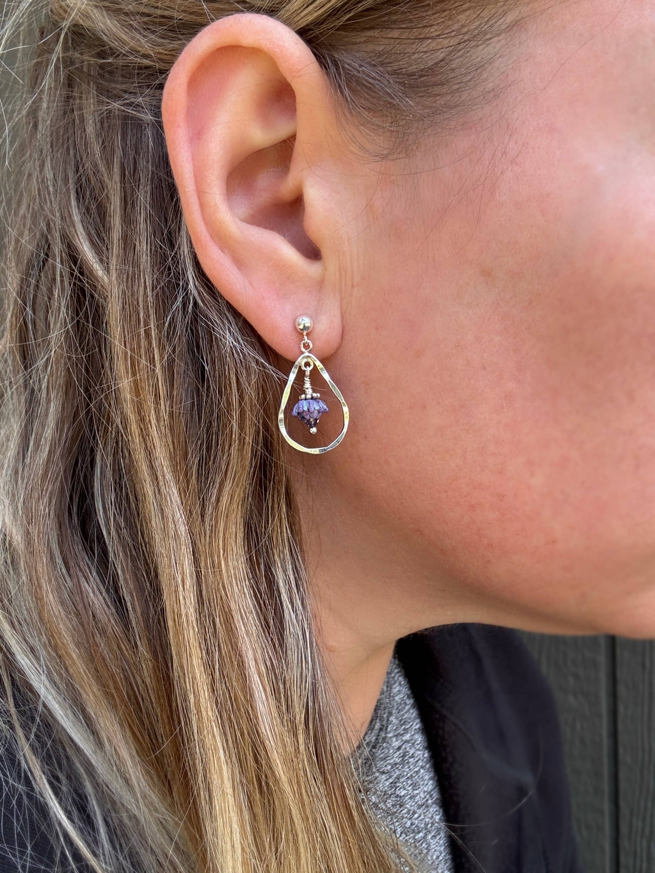 Lavender Bud Teardrops Hammered Silver Post Earrings Small