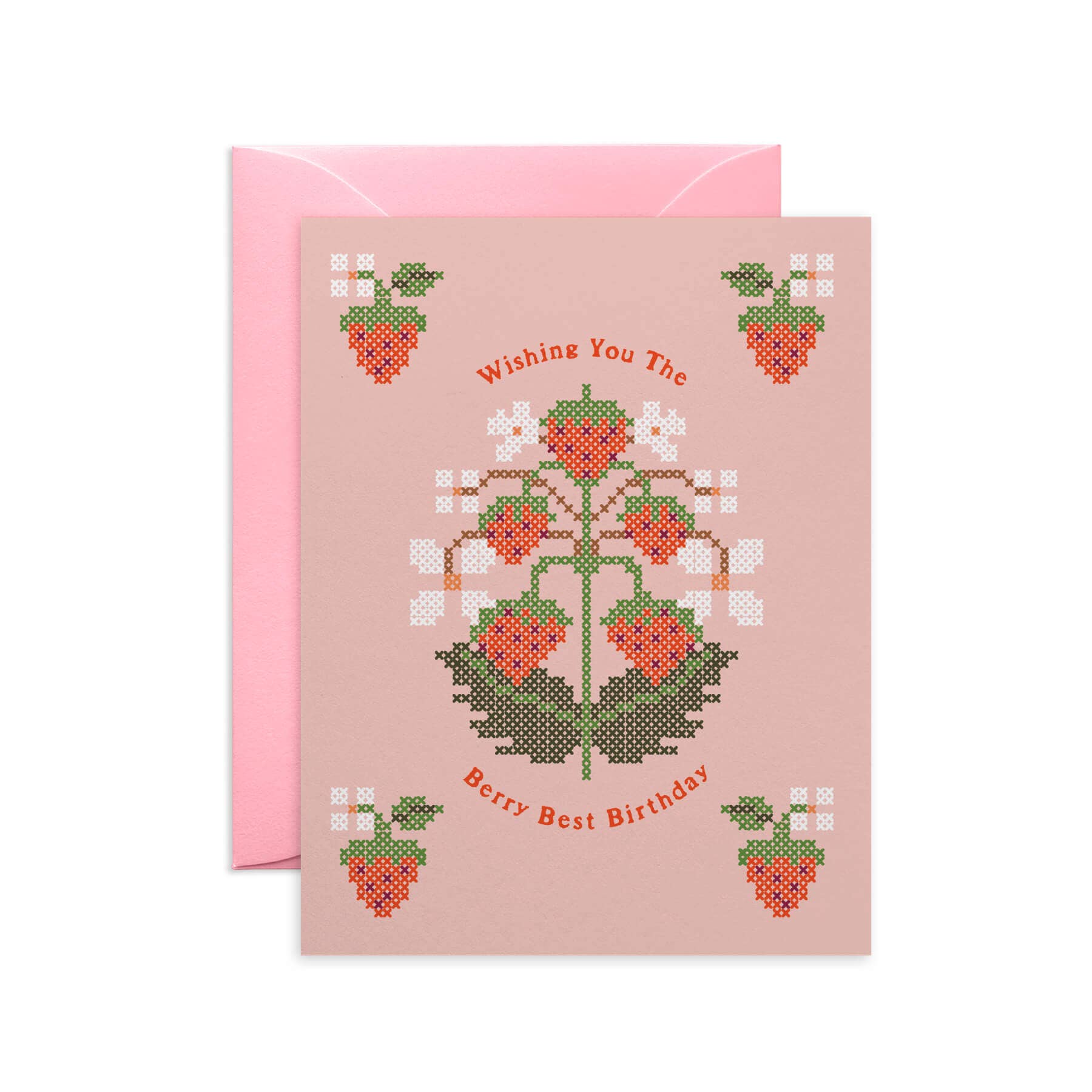 Strawberry Cross-Stitch Birthday Card: Pink