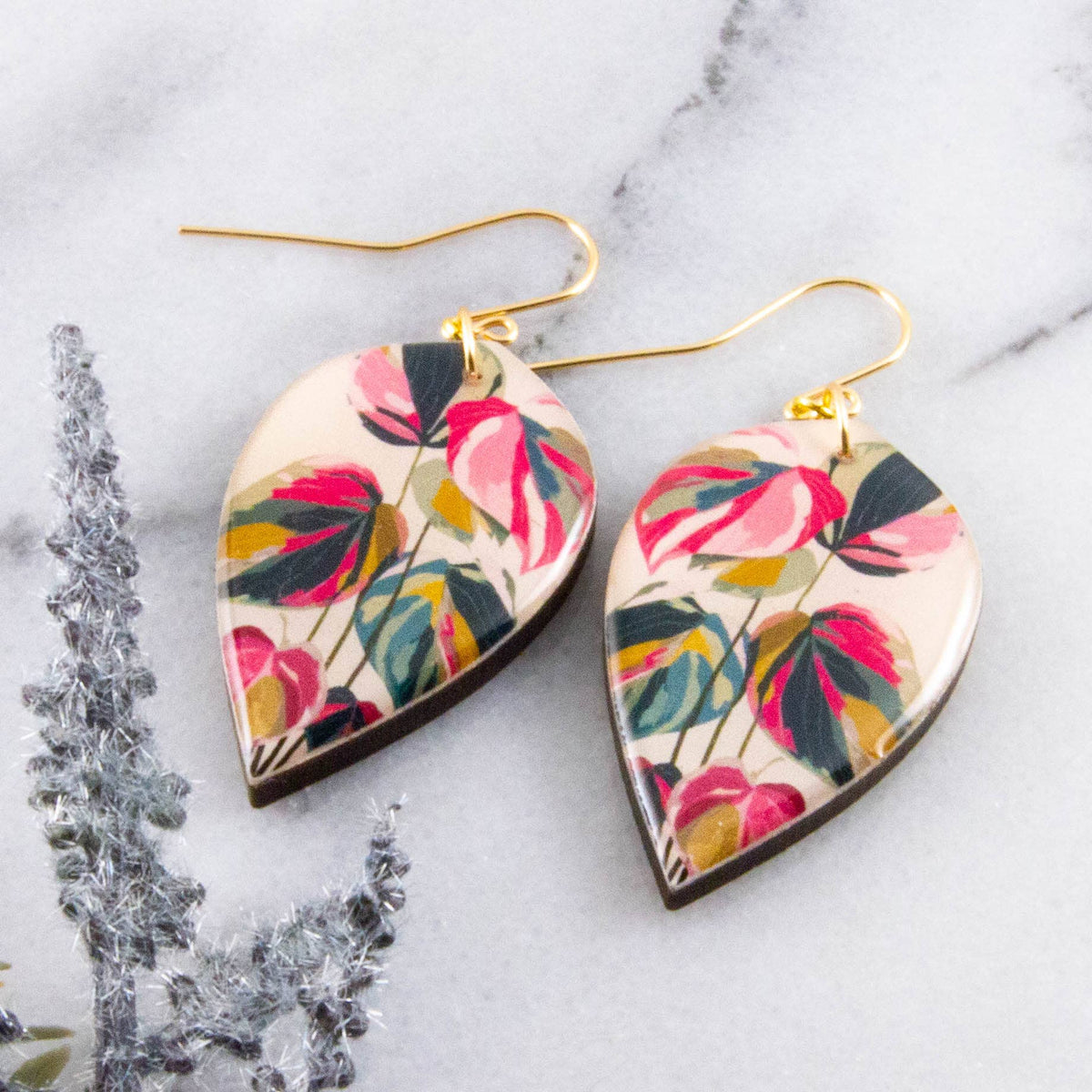 Pink Princess Philodendron Large Leaf Earrings
