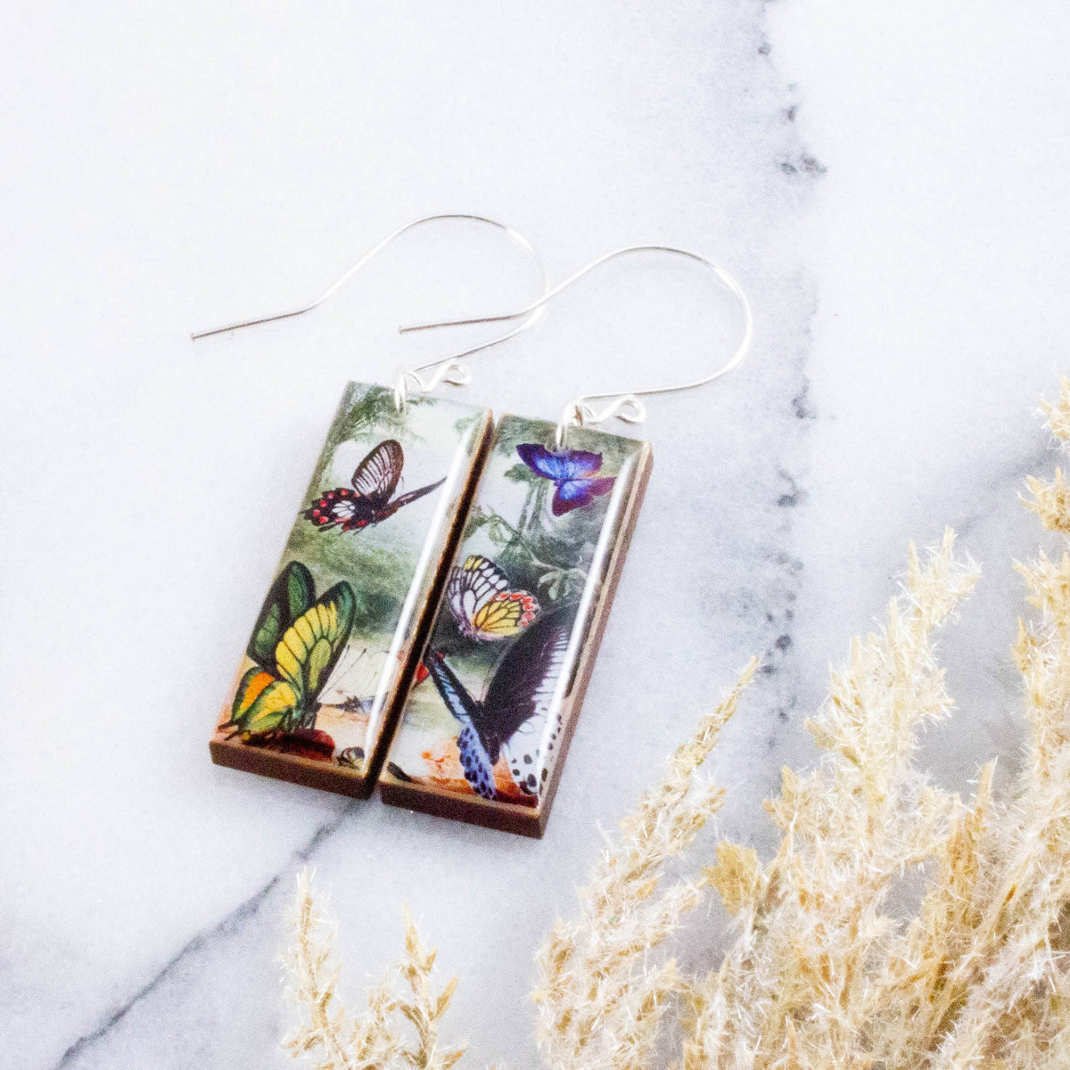 Vintage Butterfly Forest Rectangle Earrings