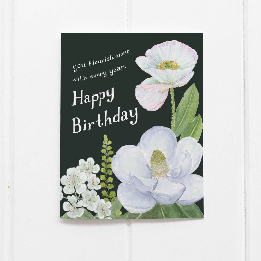 Floral Birthday Card - White and Green Magnolia and Poppy
