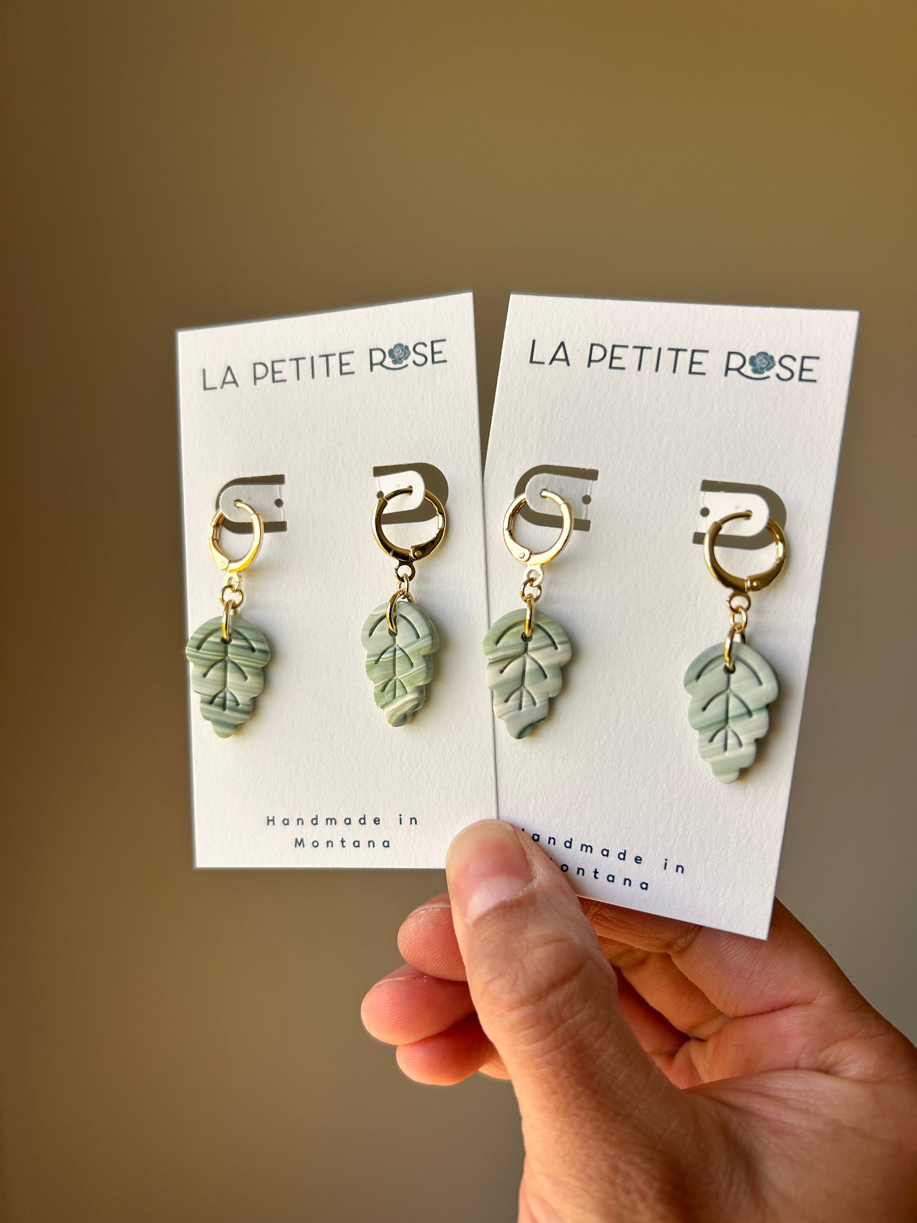 Small Green Leaf Earrings, Plant Huggie Hoop Dangles