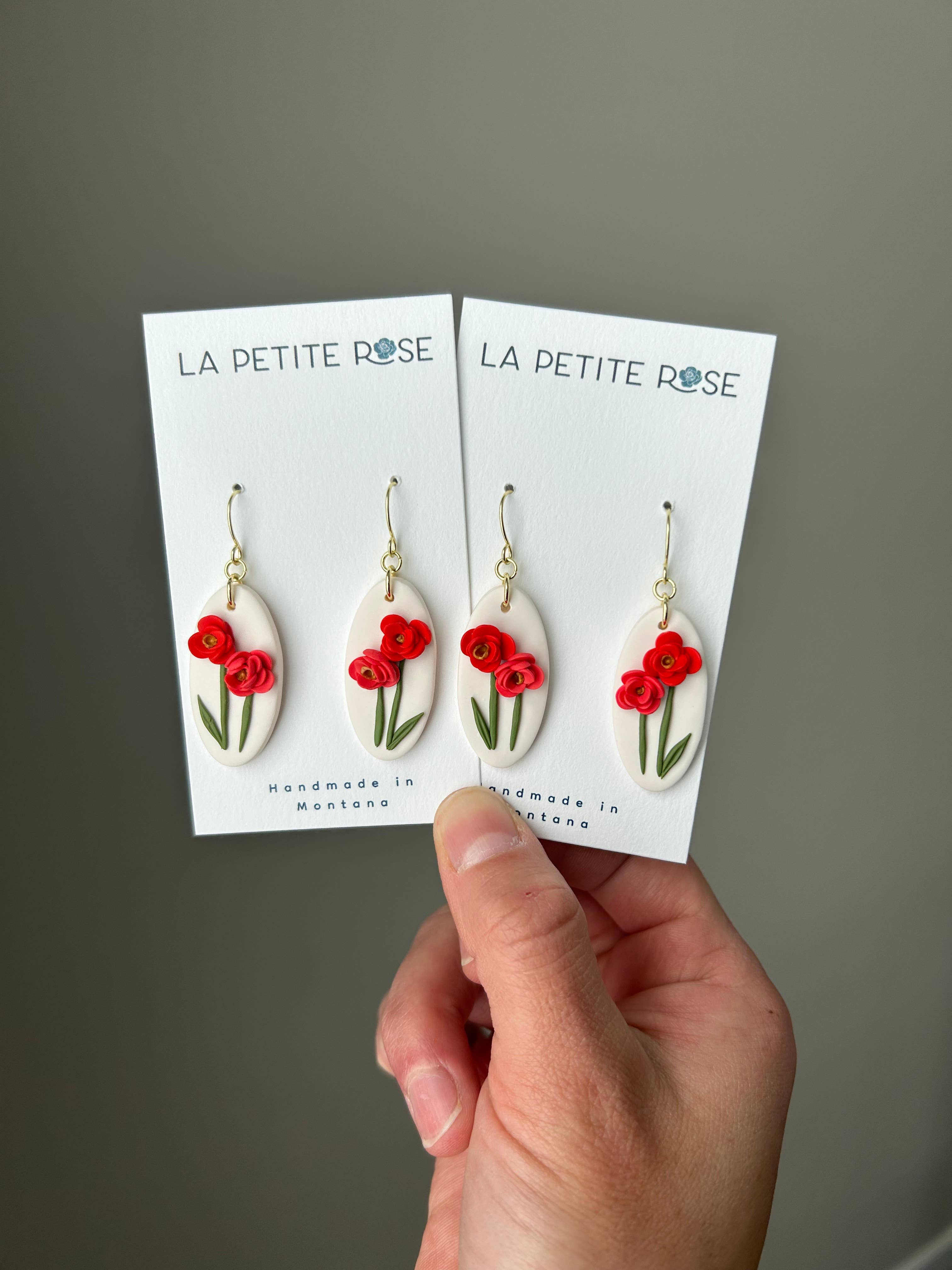 Red & Pink Flower Earrings, Floral Dangles, Montana Made