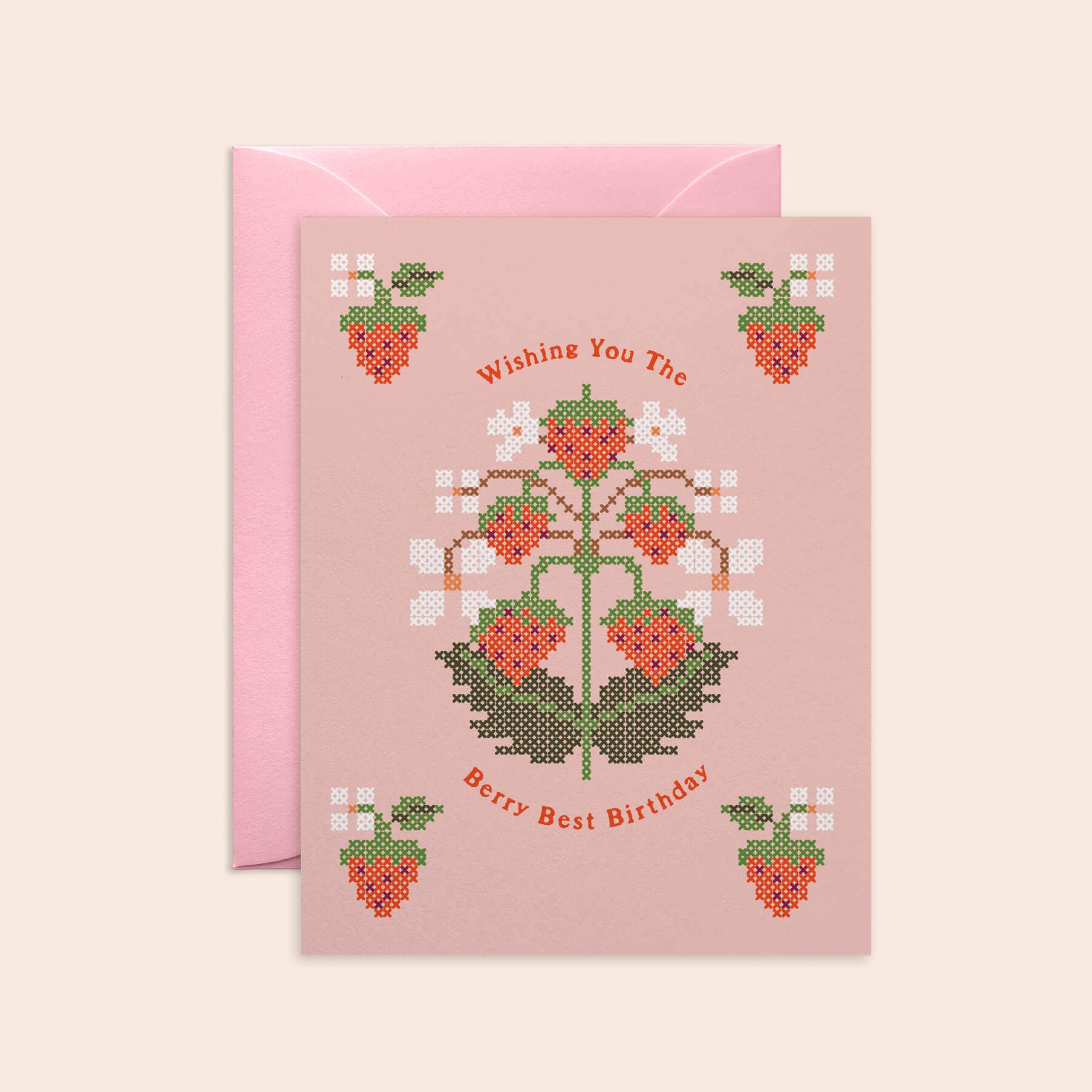 Strawberry Cross-Stitch Birthday Card: Pink