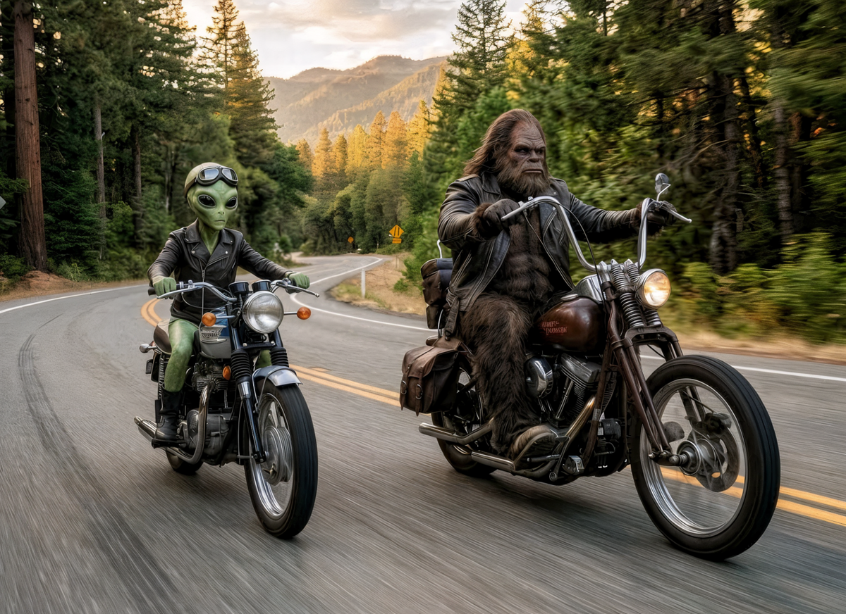 Bigfoot and Alien on Motorcycles