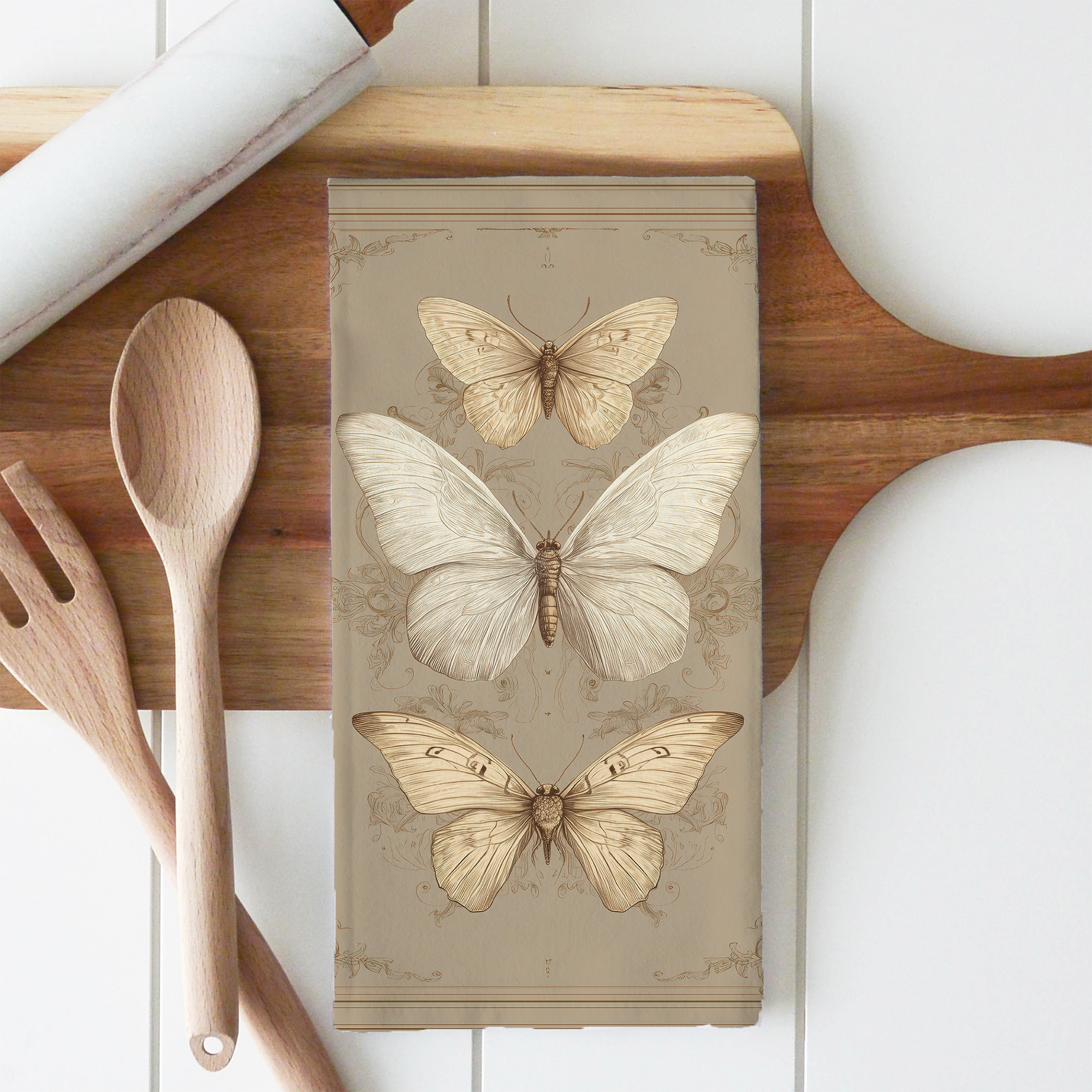 Vintage Butterflies Tea Towel: White