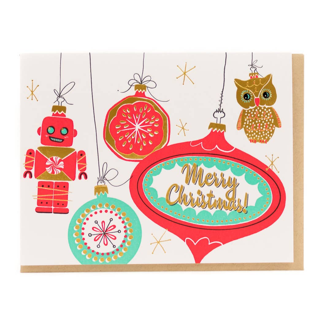 Vintage Holiday Retro Ornaments Card: Single Card