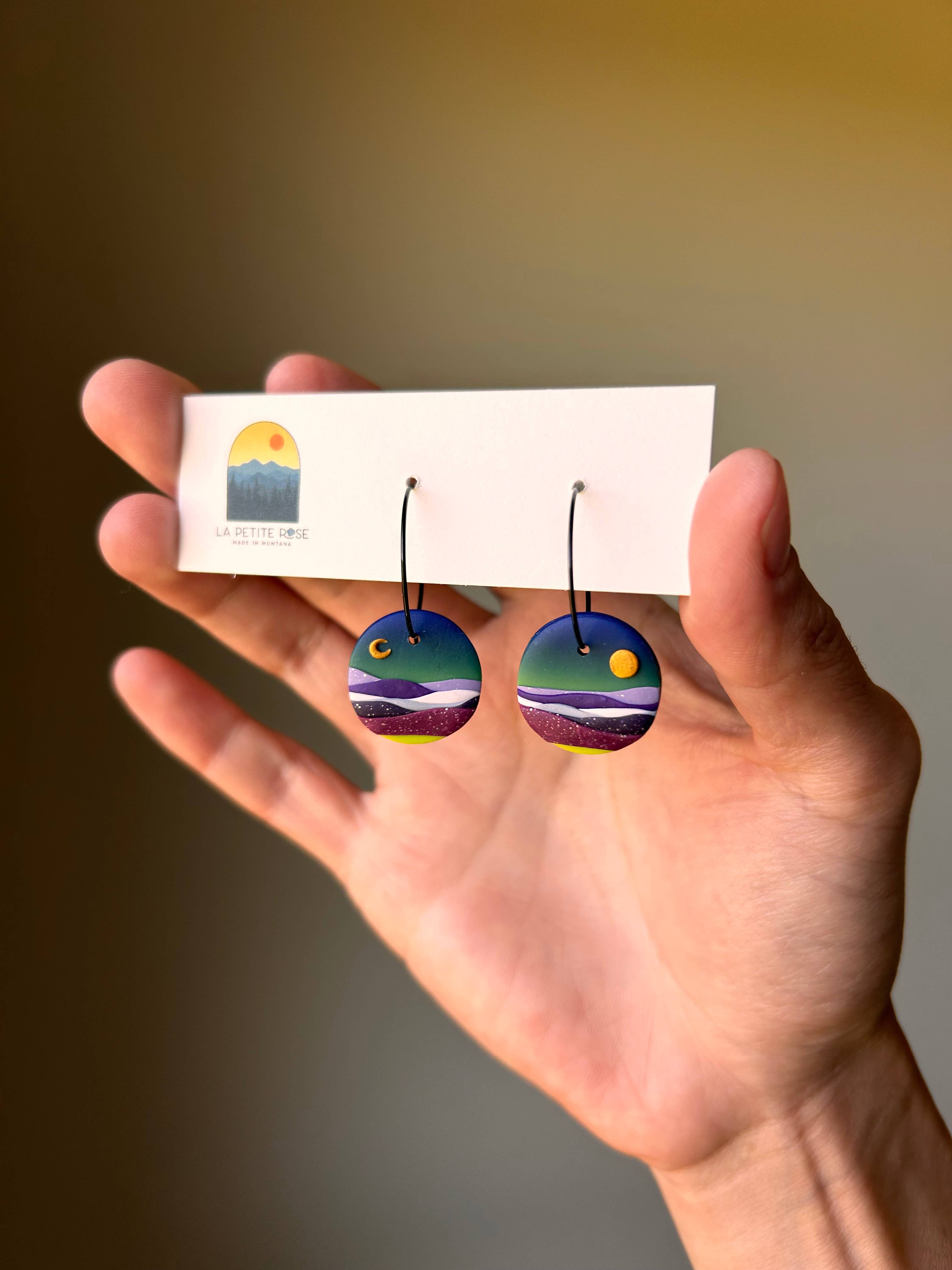 Northern Lights Landscape Clay Earrings, Sun Moon Dangles