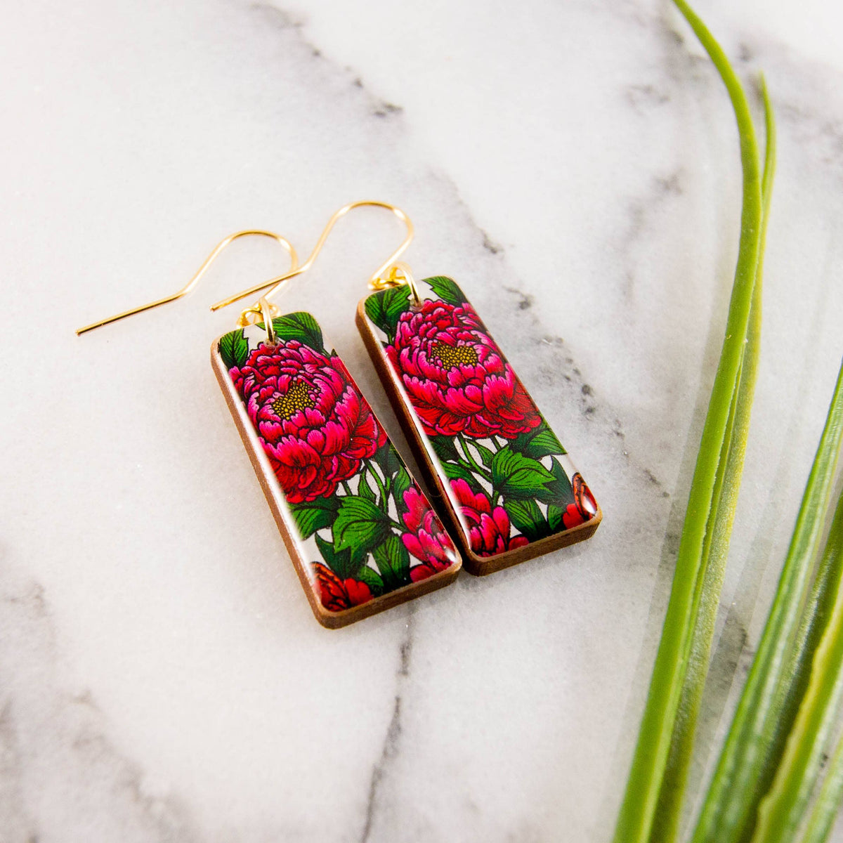 Japanese Bright Pink Peony Flower Tapered Rectangle Earrings