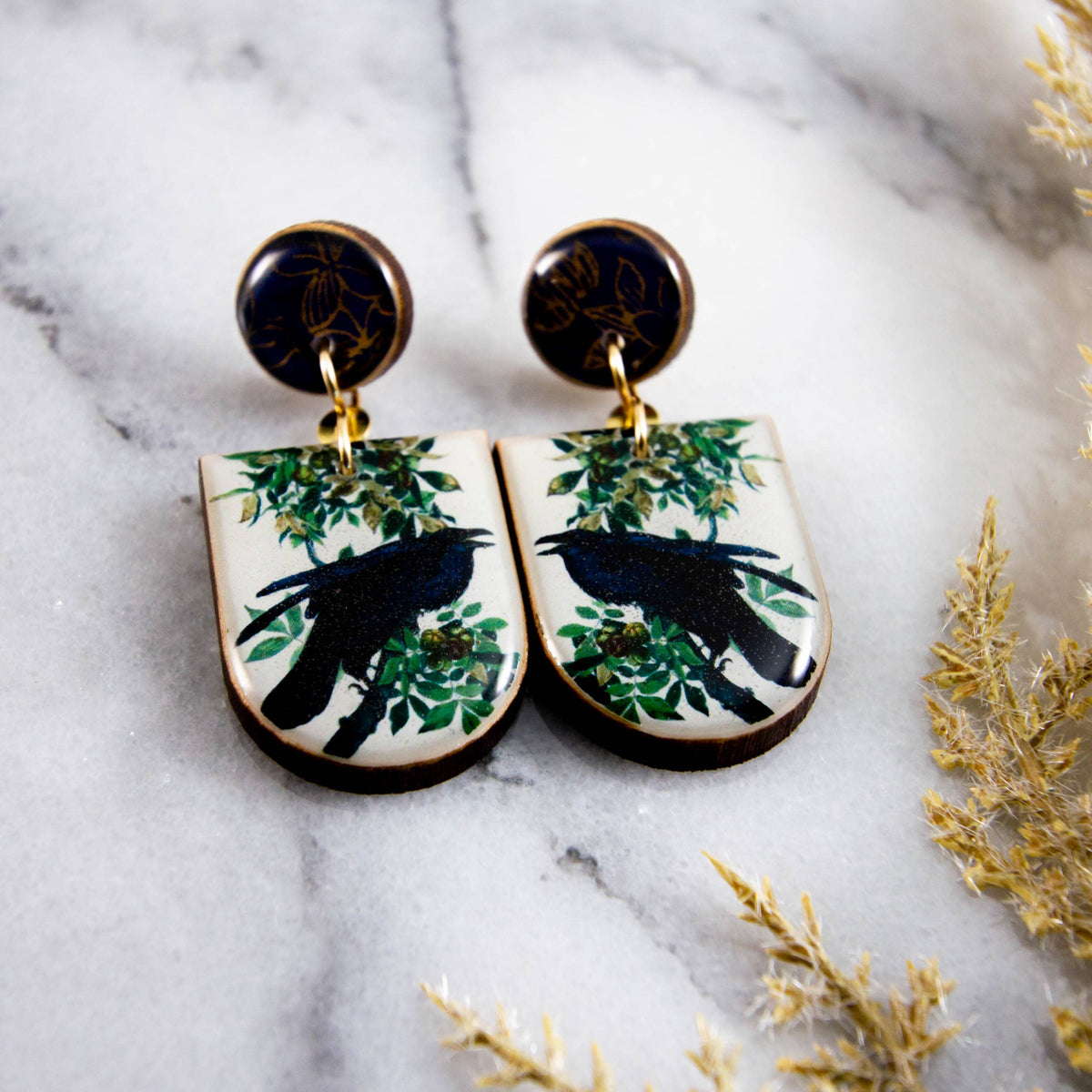 Vintage Black Raven Drop Post Earrings