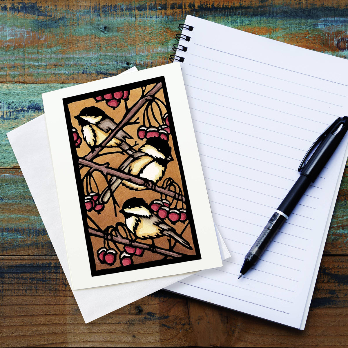 Greeting Card Three Chickadees