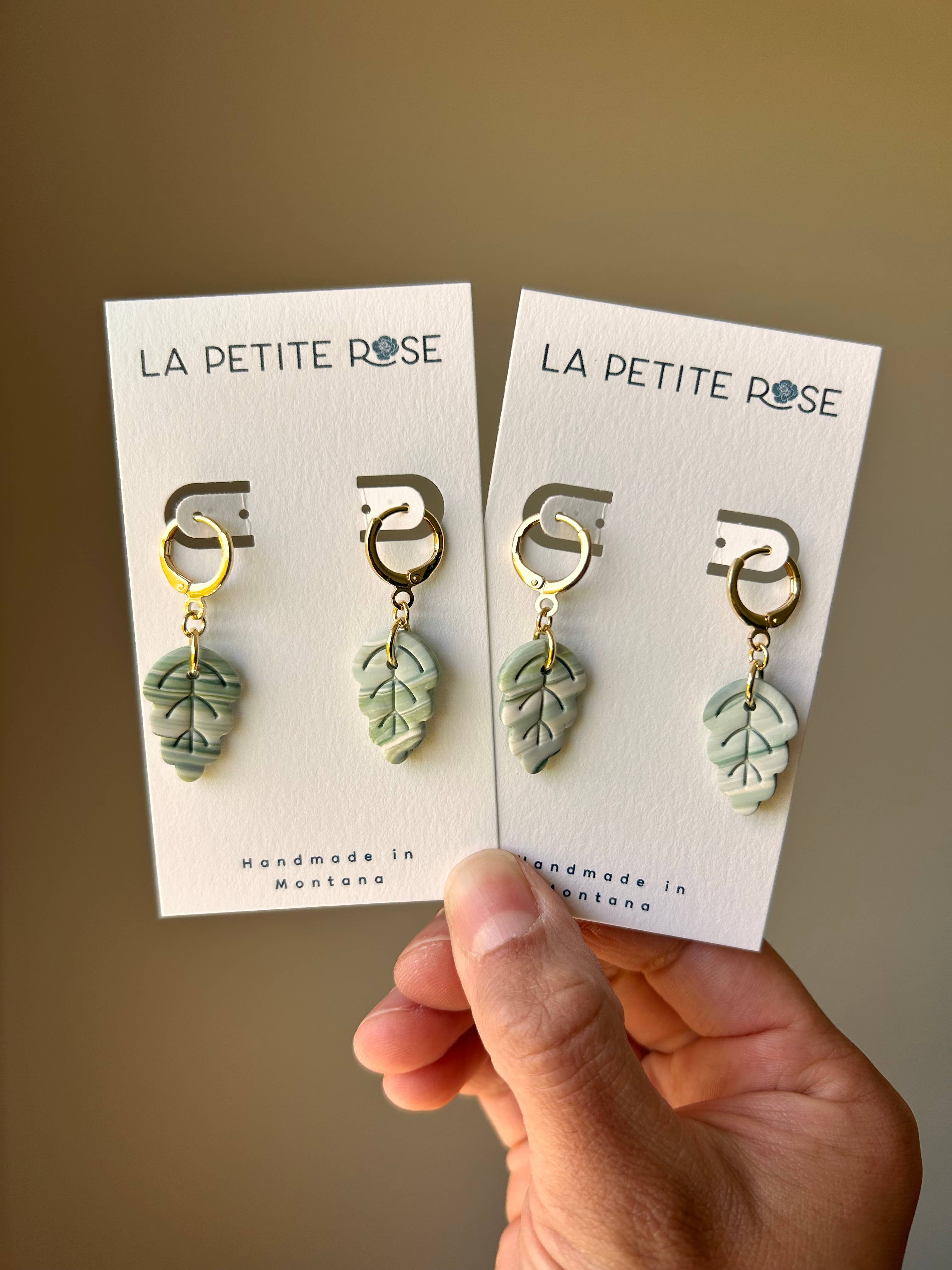 Small Green Leaf Earrings, Plant Huggie Hoop Dangles