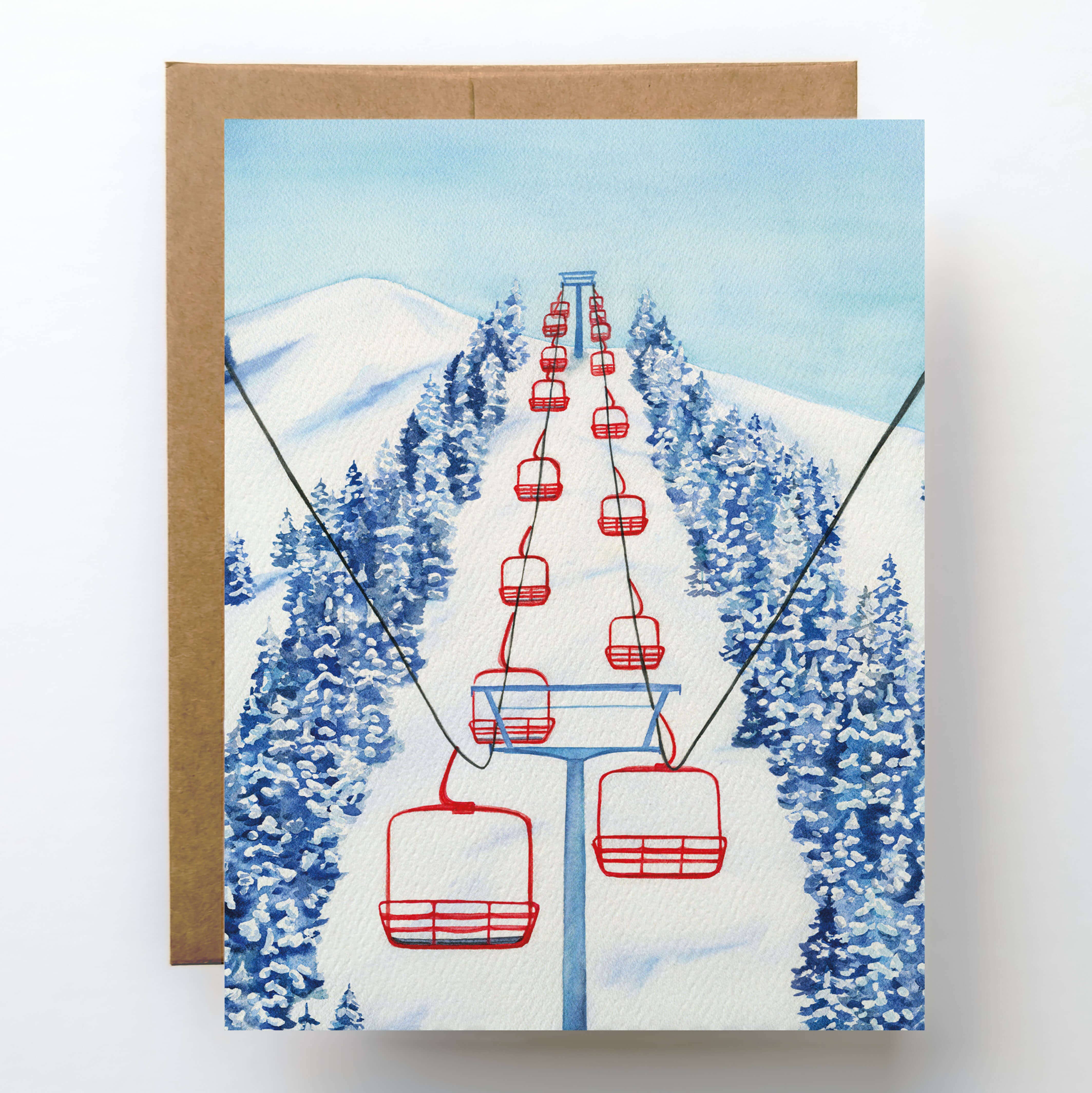 Skiing Holiday Card | Red Chair Ski Lift Christmas Card: Single Card