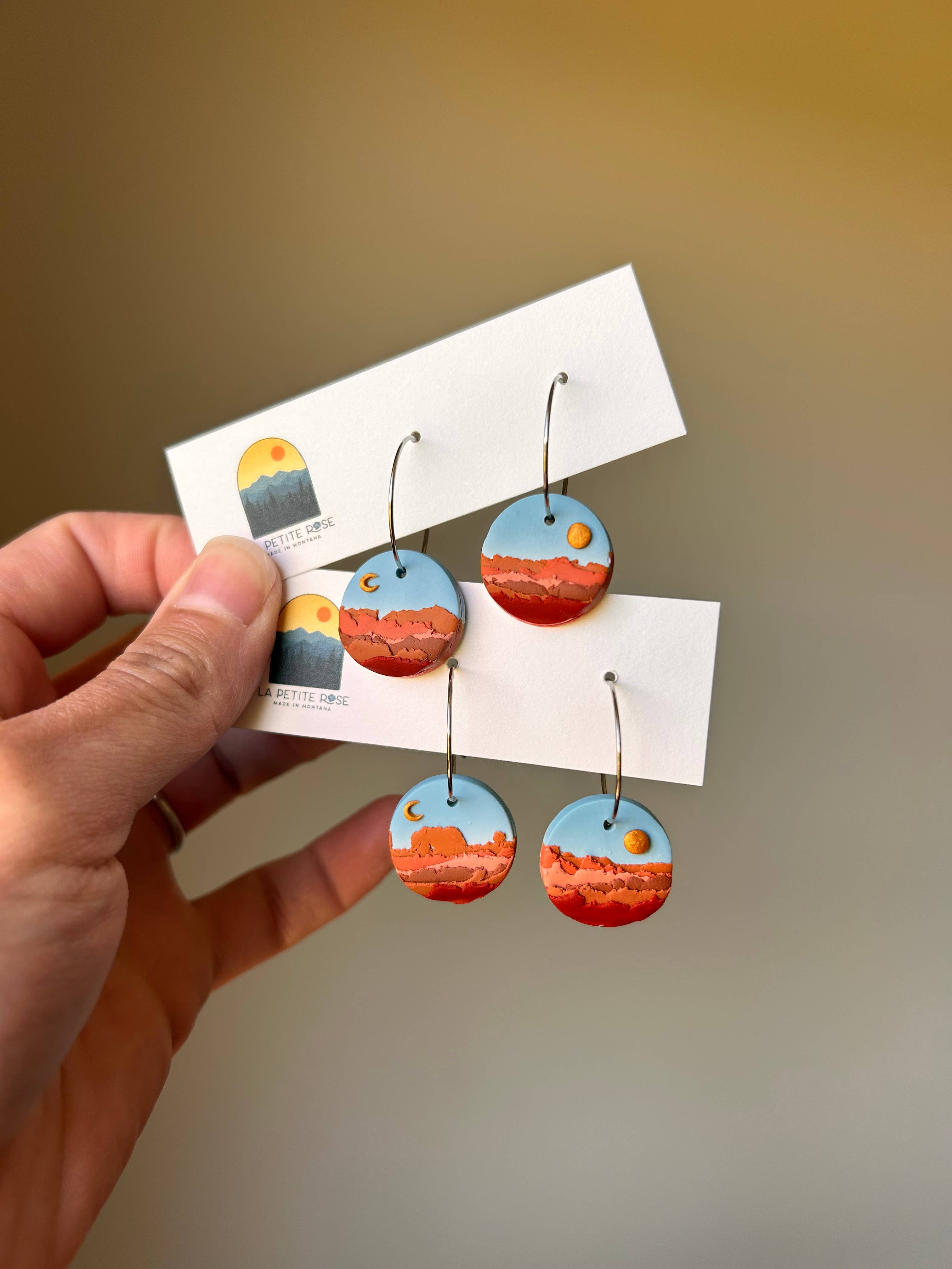Big Sky Montana Landscape Clay Earrings, Sun Moon Hoops