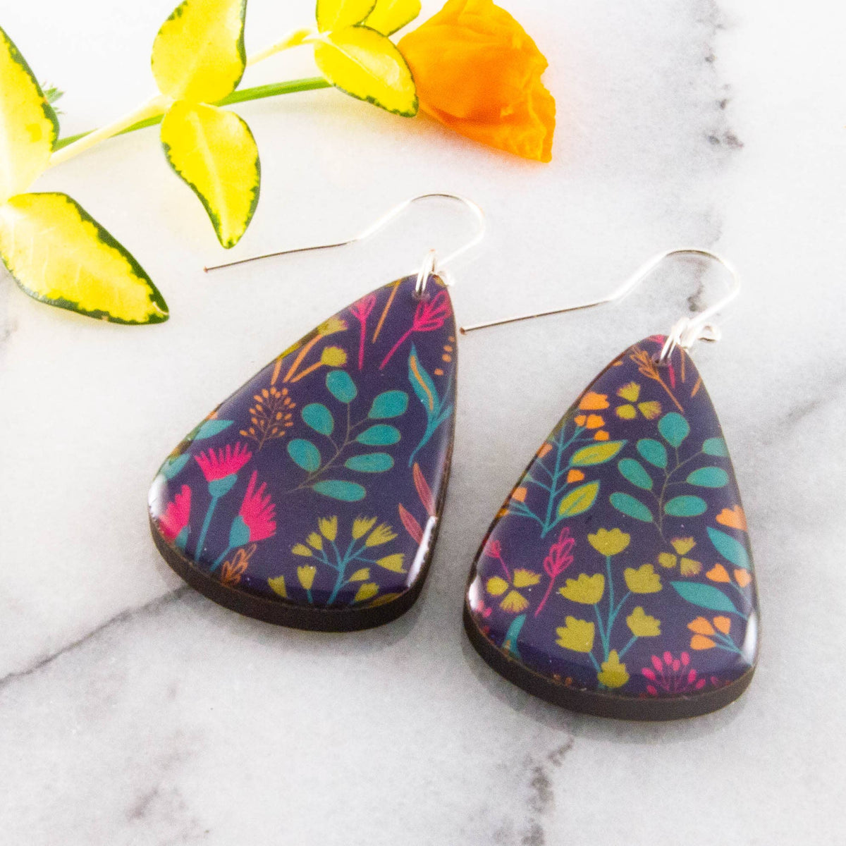 Modern Purple Garden Oversize Teardrop Earrings