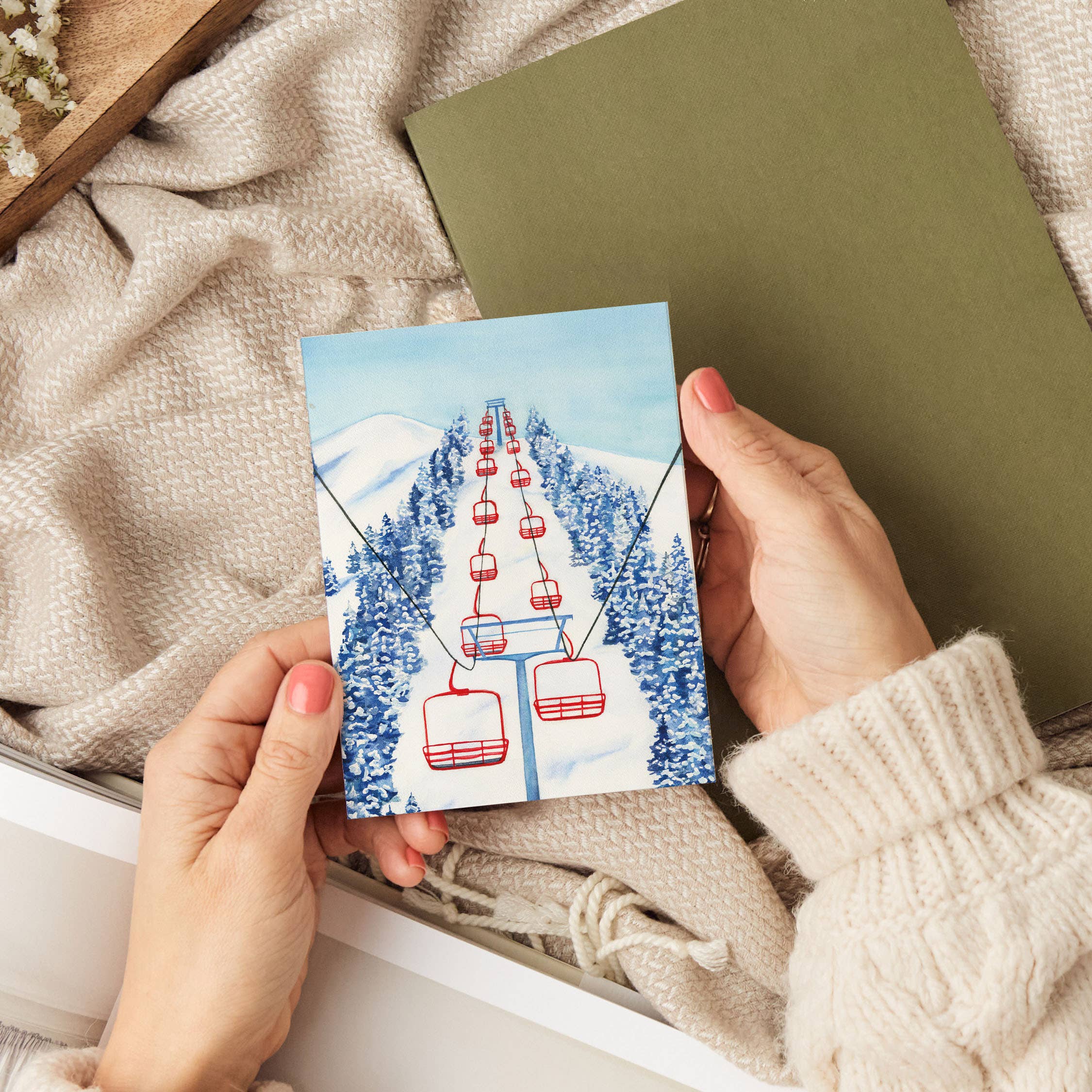 Skiing Holiday Card | Red Chair Ski Lift Christmas Card: Single Card