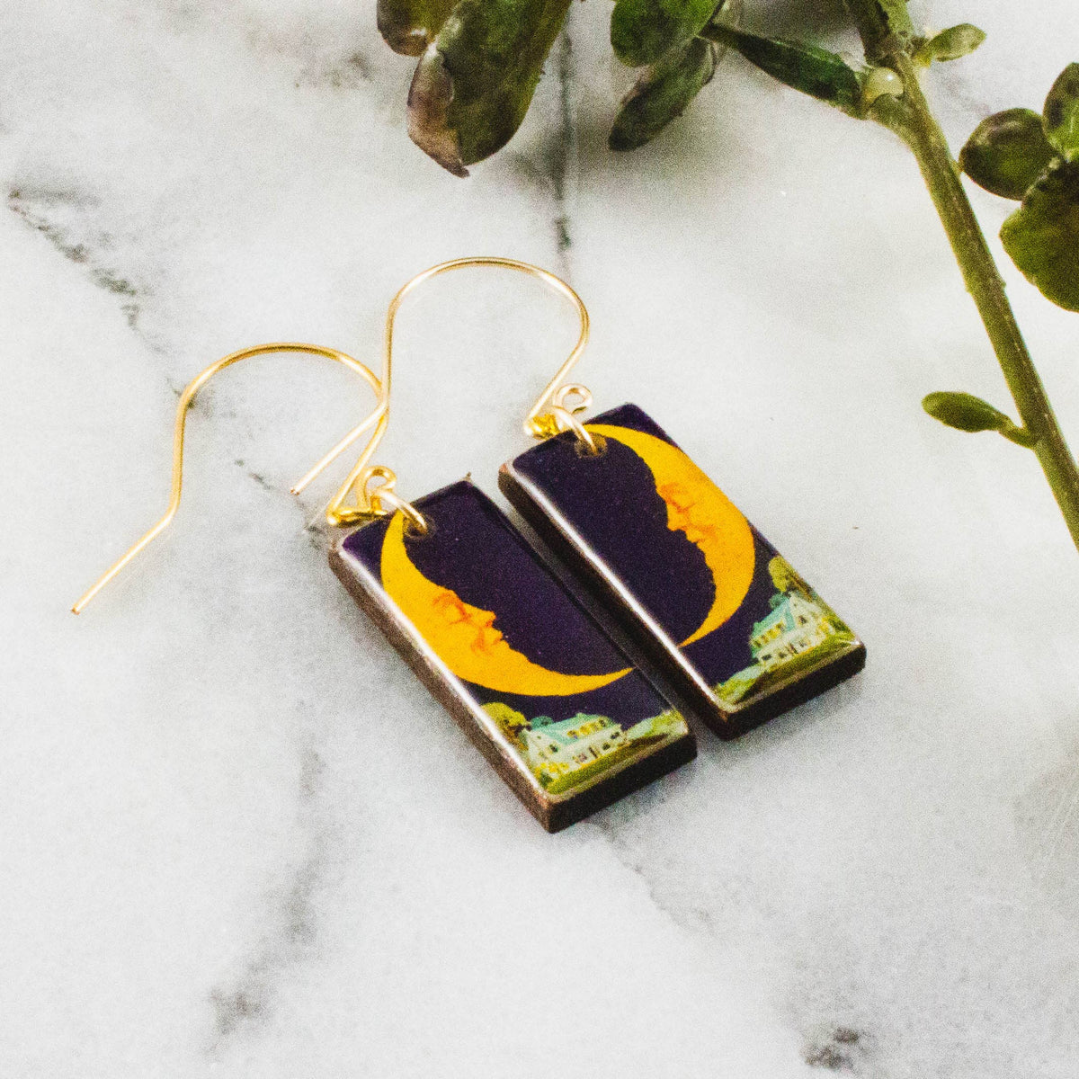 Vintage Crescent Moon Rectangle Earrings