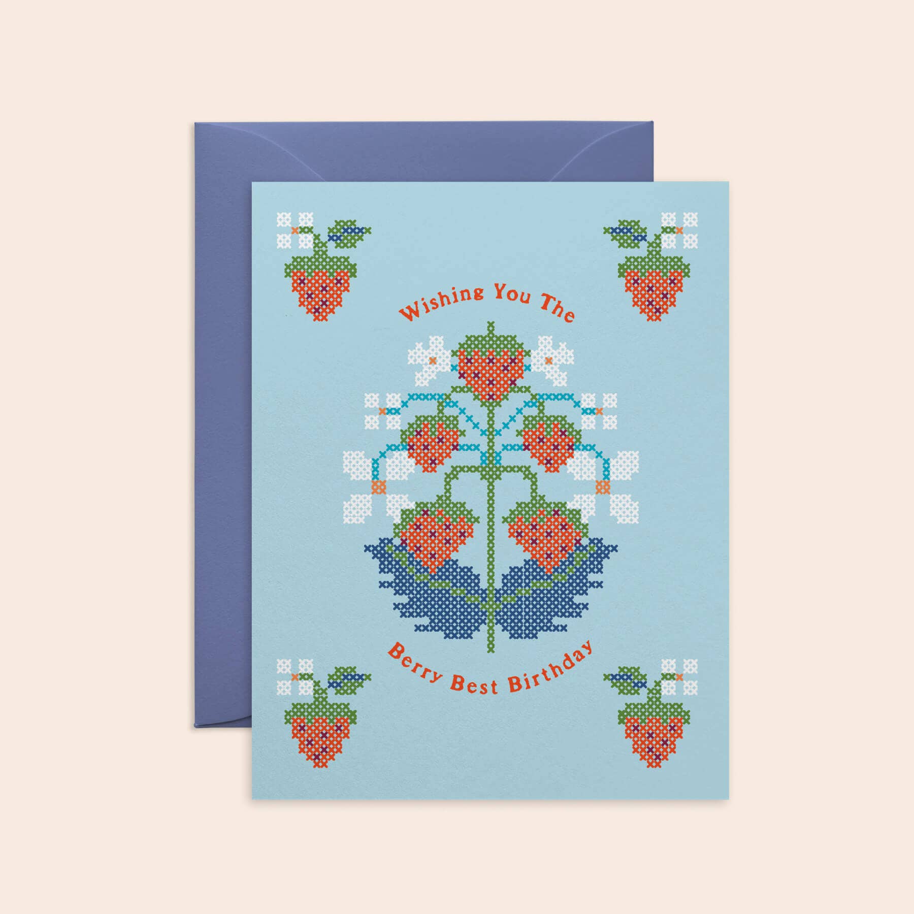 Strawberry Cross-Stitch Birthday Card: Pink
