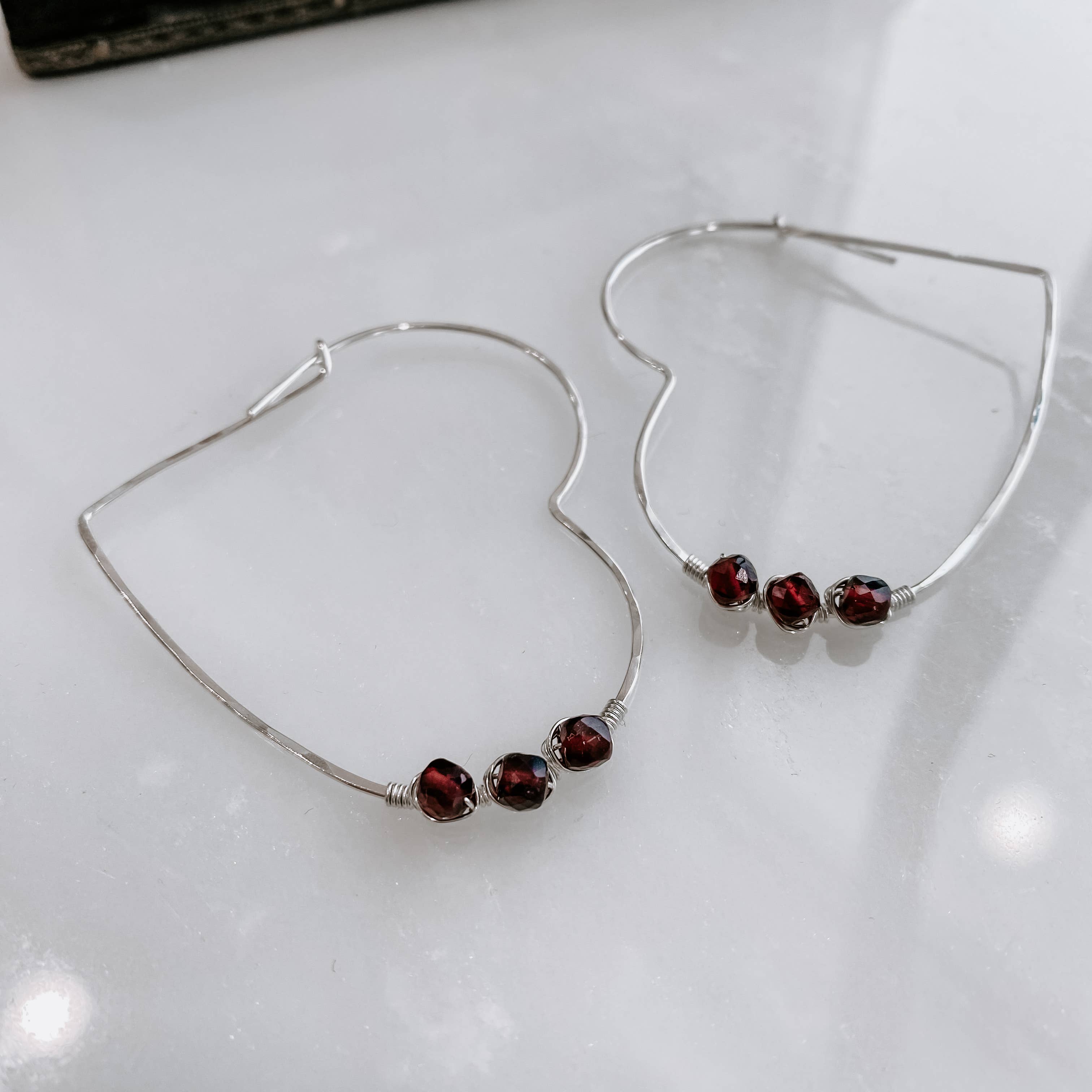 Large Heart Shaped Threaders with Garnets: Sterling Sliver