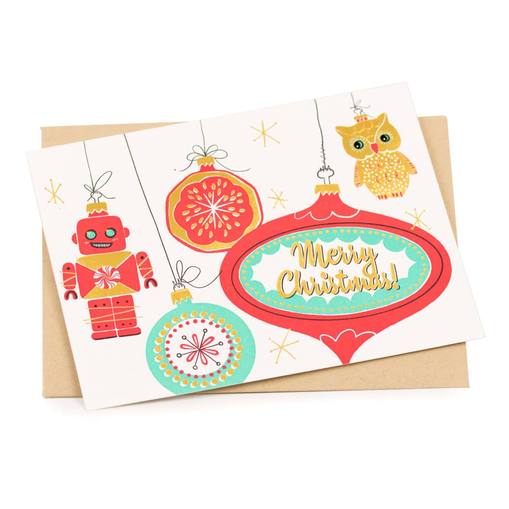 Vintage Holiday Retro Ornaments Card: Single Card