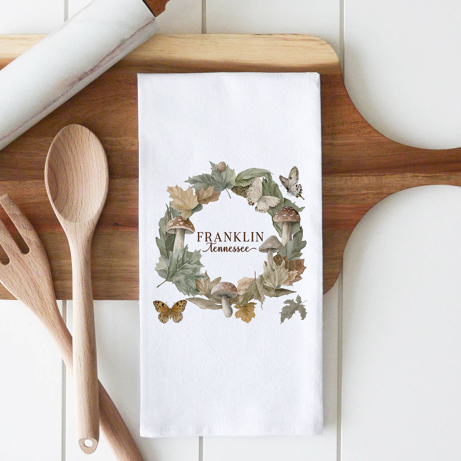 Custom Fall Wreath Tea Towel: White