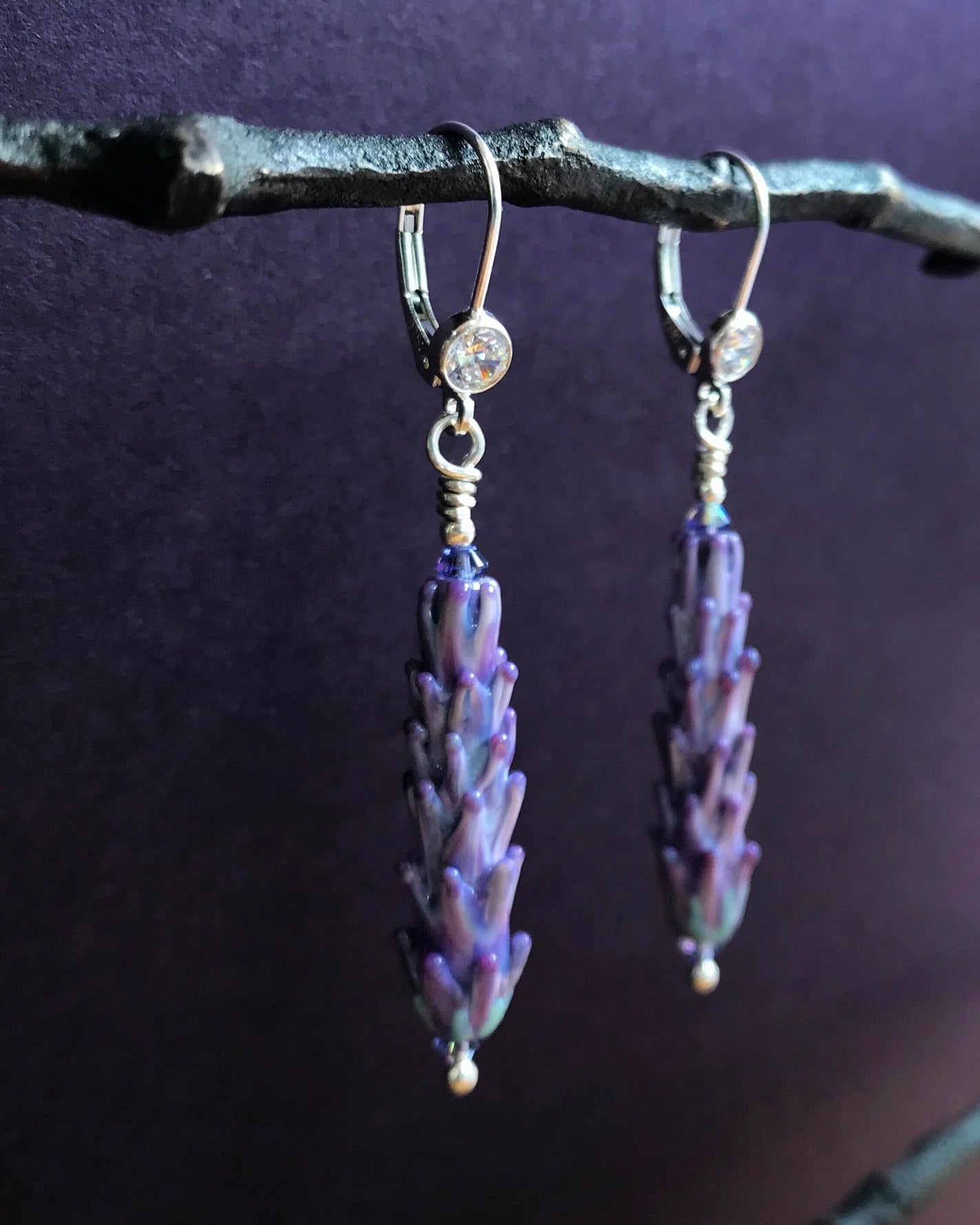 Long Lavender Farm Earrings Handcrafted Glass, Silver, Cz Purple