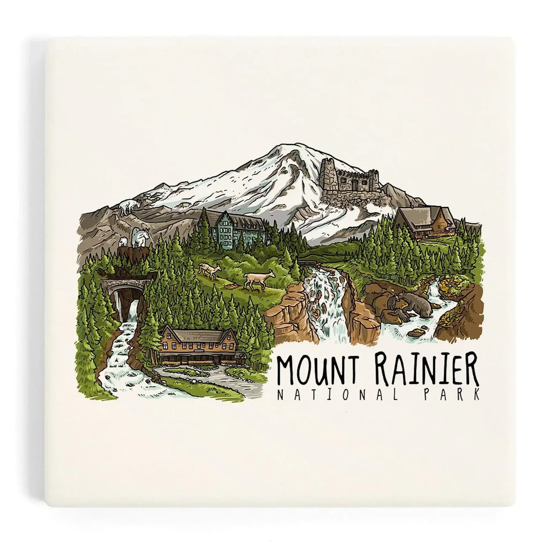 Mount Rainier National Park Line Drawing Waterfalls Sticker