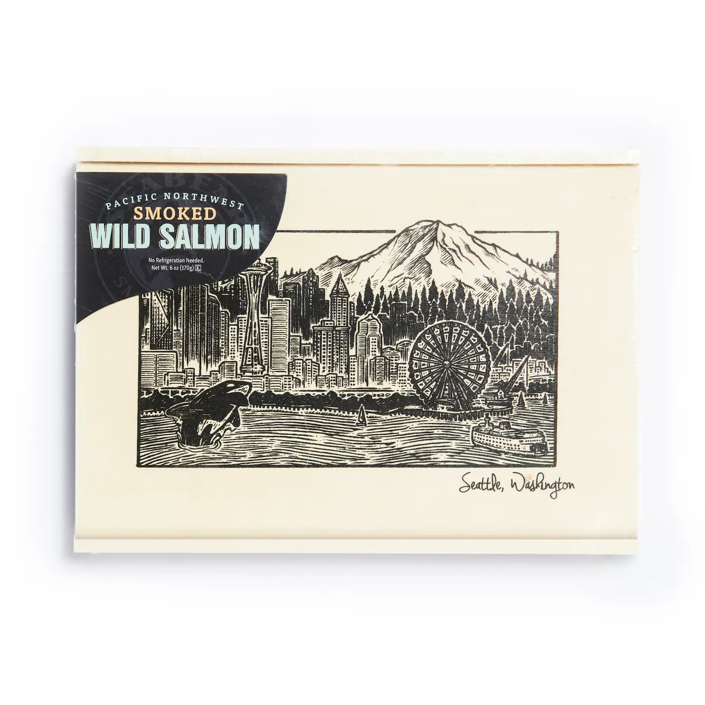 Seattle Skyline Traditional Wood Keepsake Box Smoked Wild Salmon